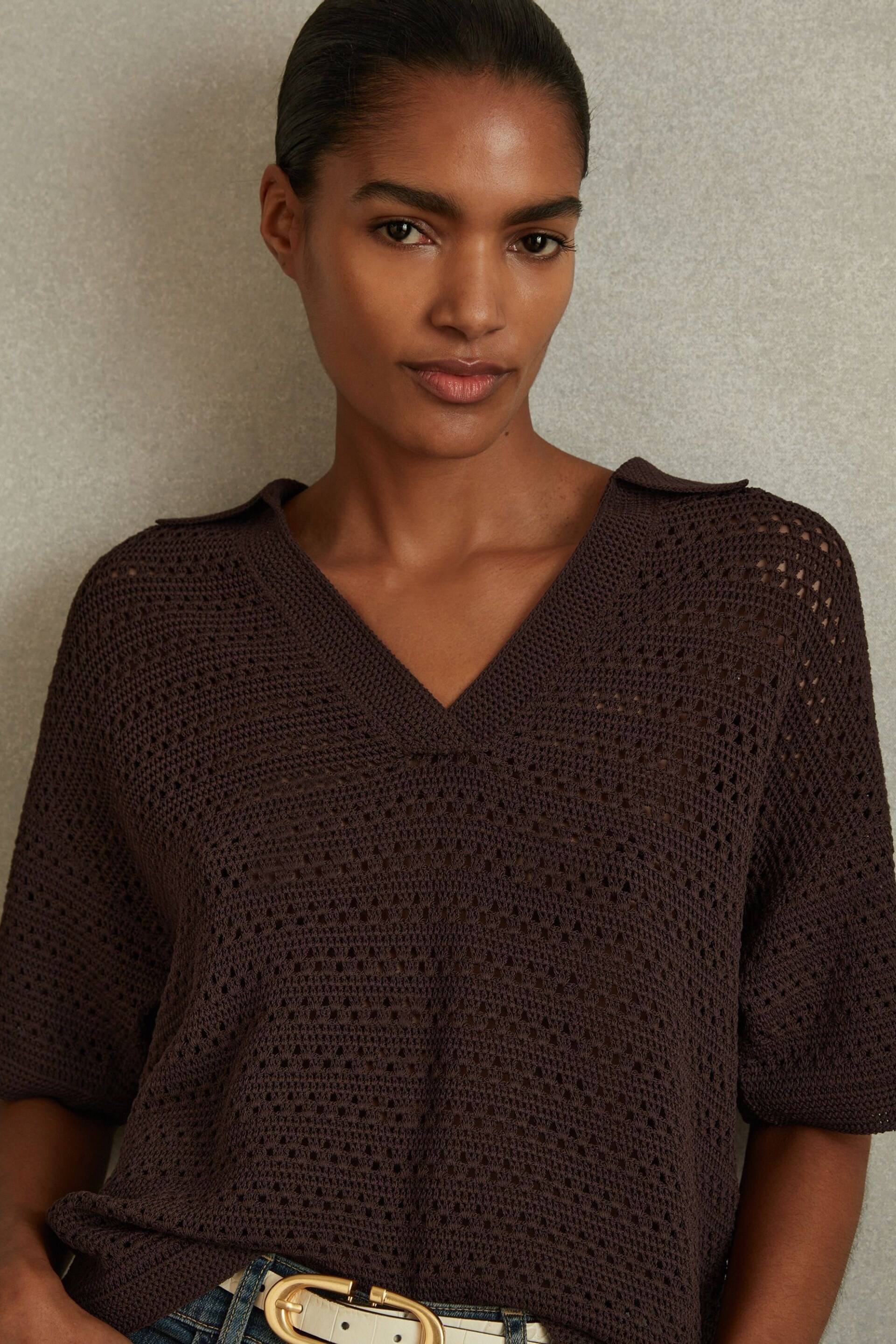 Reiss Chocolate Carla Knitted Open-Collar Polo Shirt - Image 1 of 5