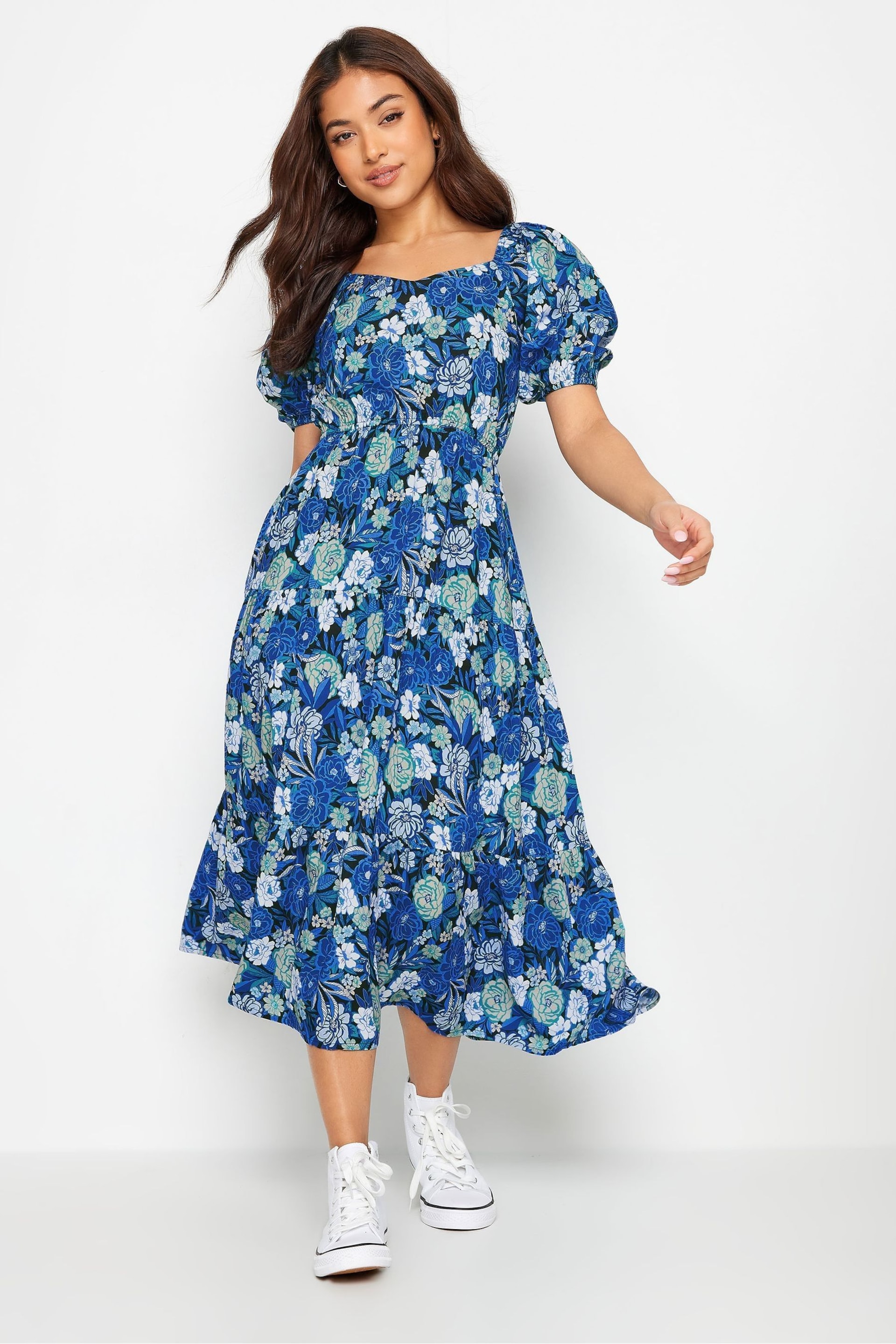 PixieGirl Petite Blue Floral Print Puff Sleeve Midi Dress - Image 2 of 5