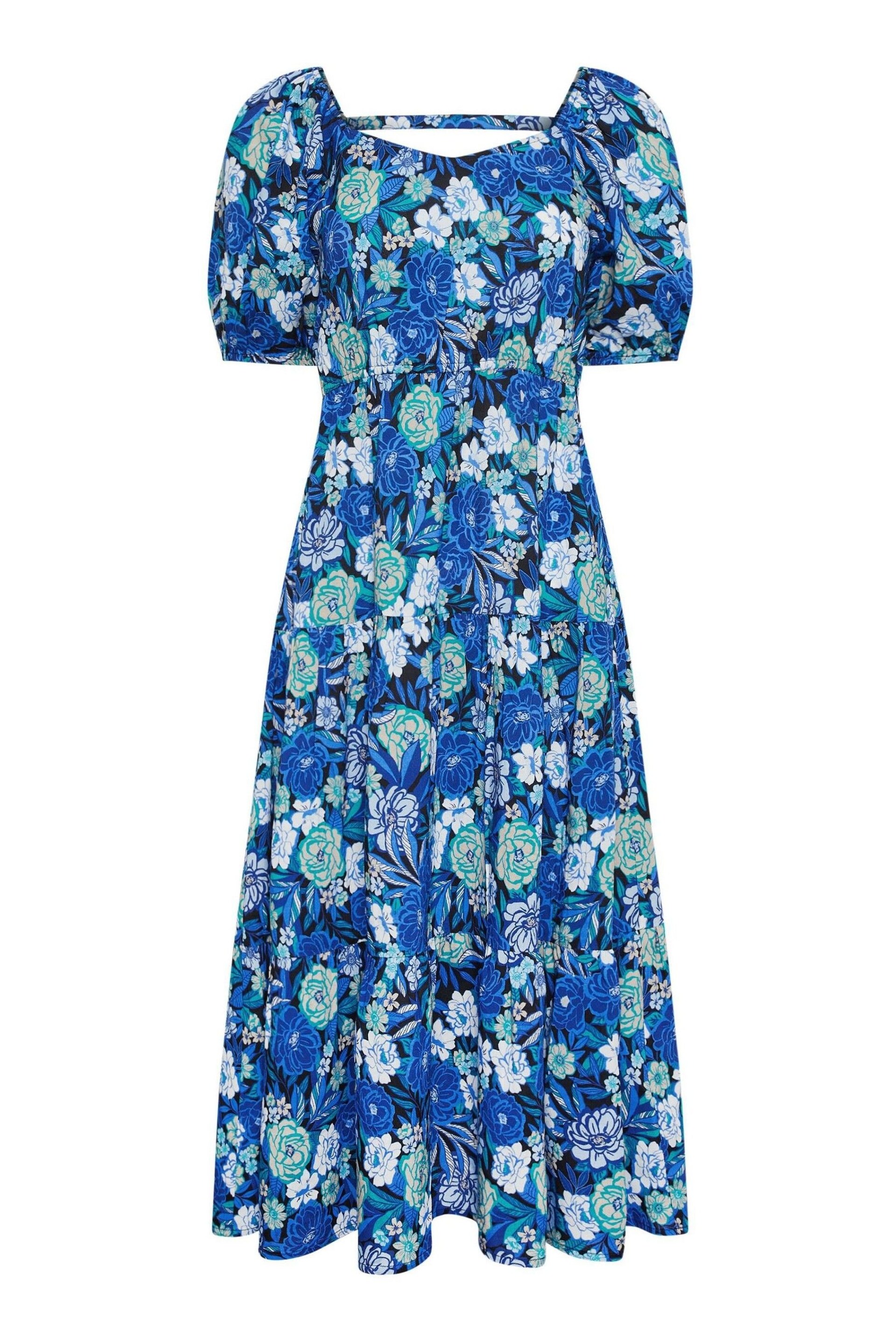 PixieGirl Petite Blue Floral Print Puff Sleeve Midi Dress - Image 5 of 5