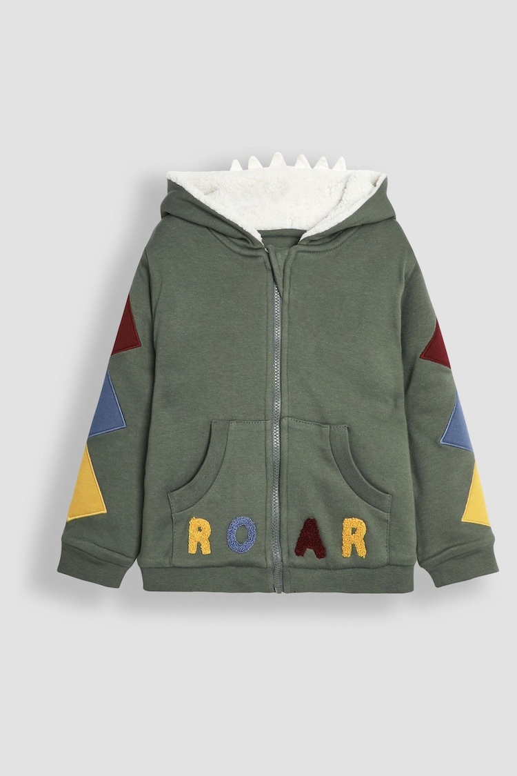 JoJo Maman Bébé Khaki Green DInosaur Appliqué Novelty Cosy Hoodie - Image 1 of 3