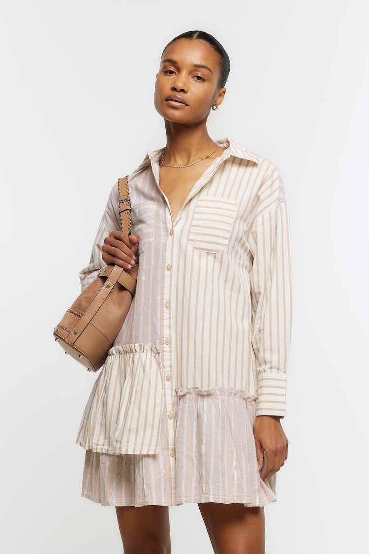 River Island Beige 100% Cotton Asym Detail Linen Shirt Dress - Image 1 of 4