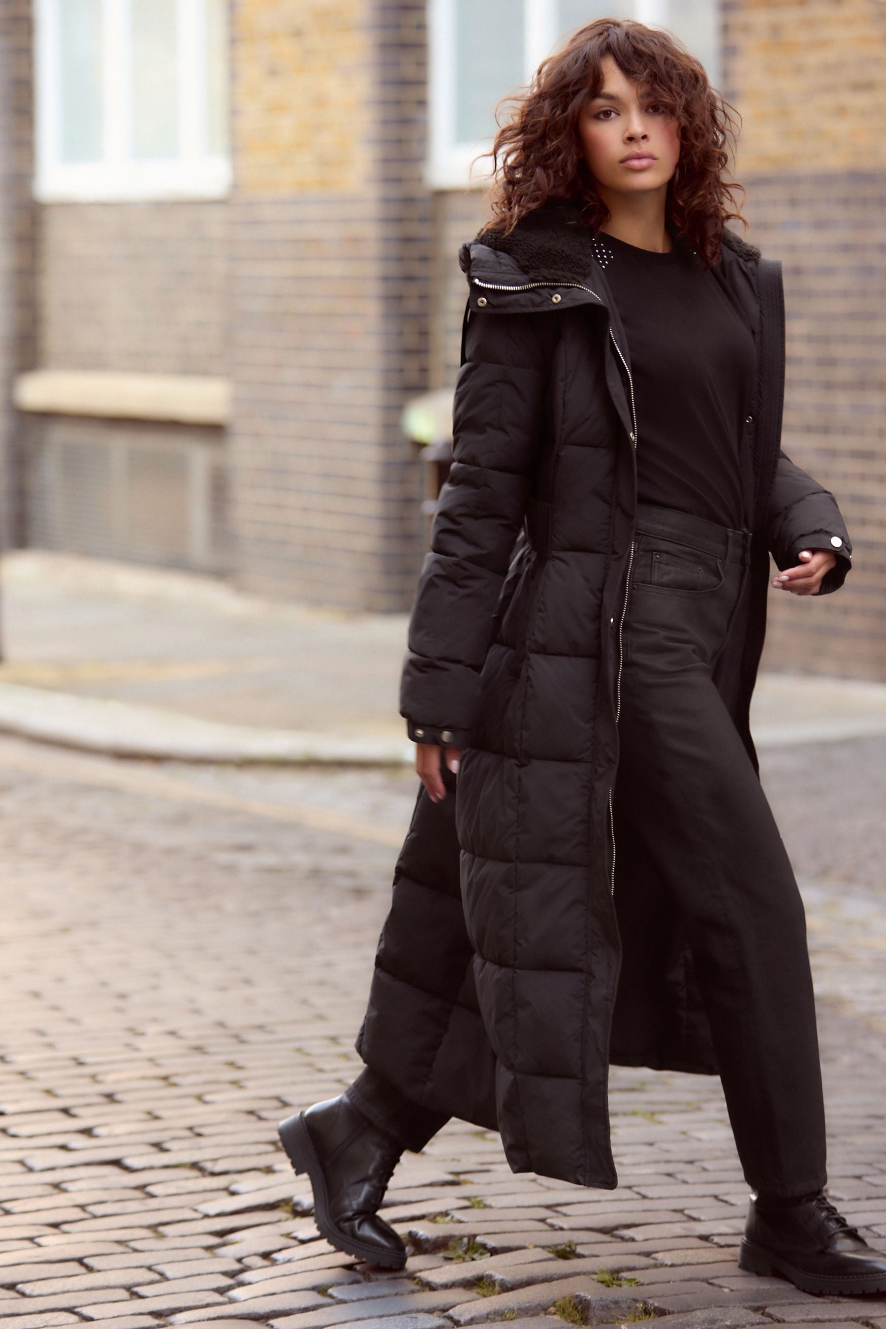 Buy Black Longline Waisted Shower Resistant Hooded Padded Coat from the Next UK online shop