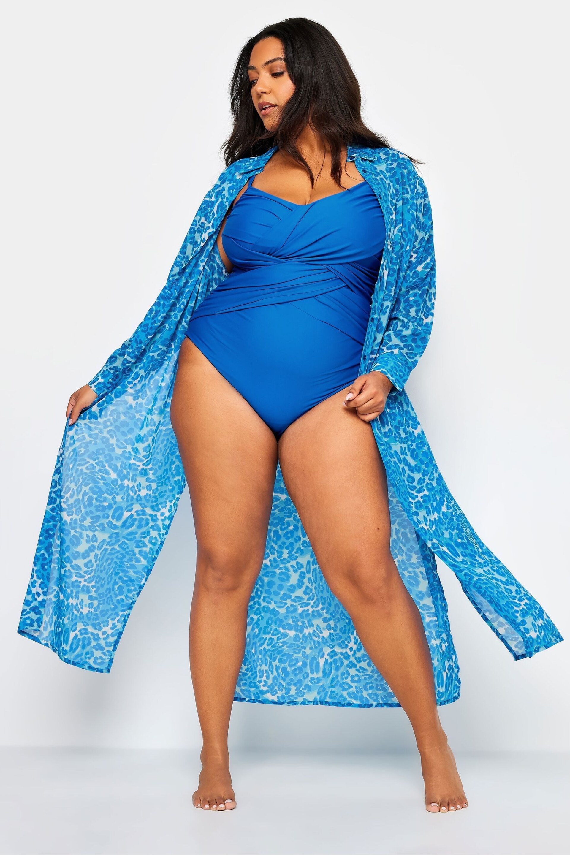 Yours Curve Blue Leopard Print Longline Beach Shirt - Image 1 of 5