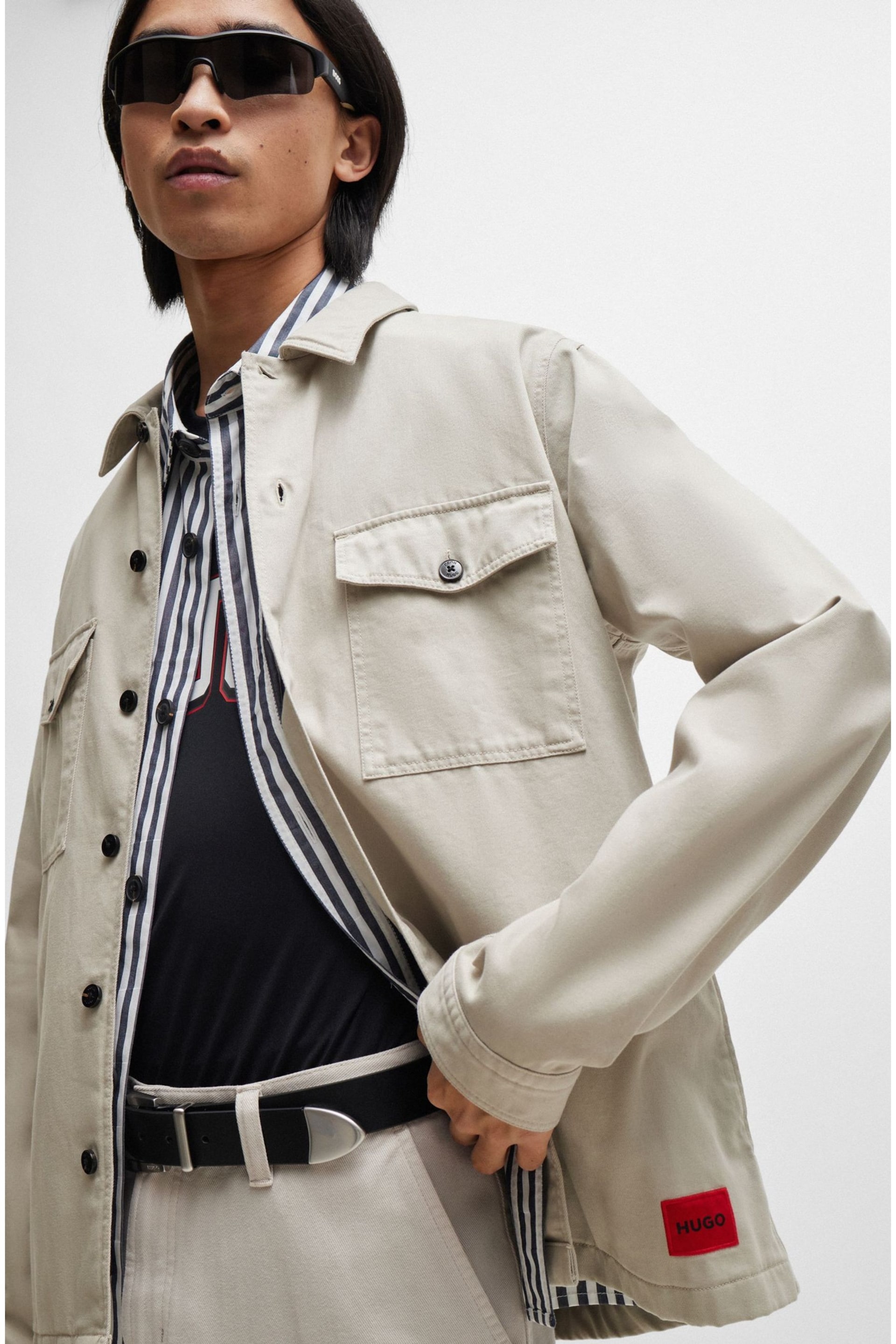 HUGO Grey Oversized-Fit Overshirt in Cotton Twill With Camp Collar - Image 4 of 5