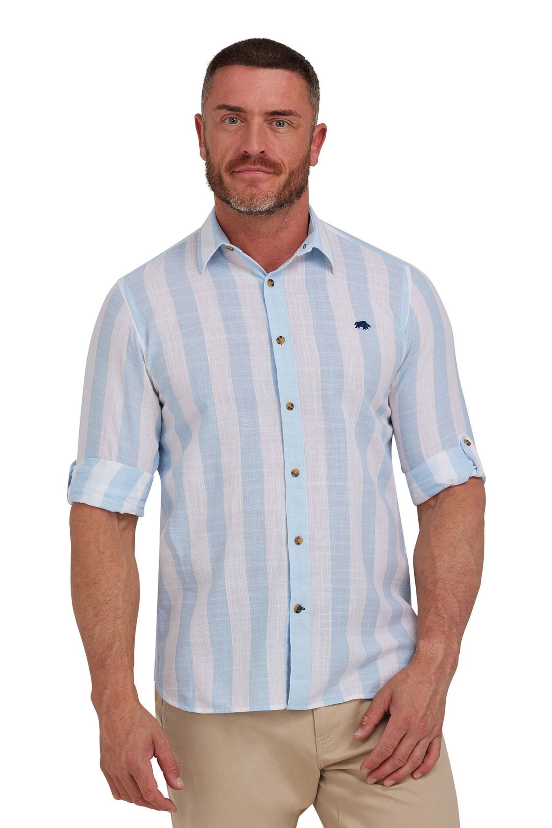Raging Bull Blue Long Sleeve Wide Stripe Linen Look Shirt - Image 1 of 7