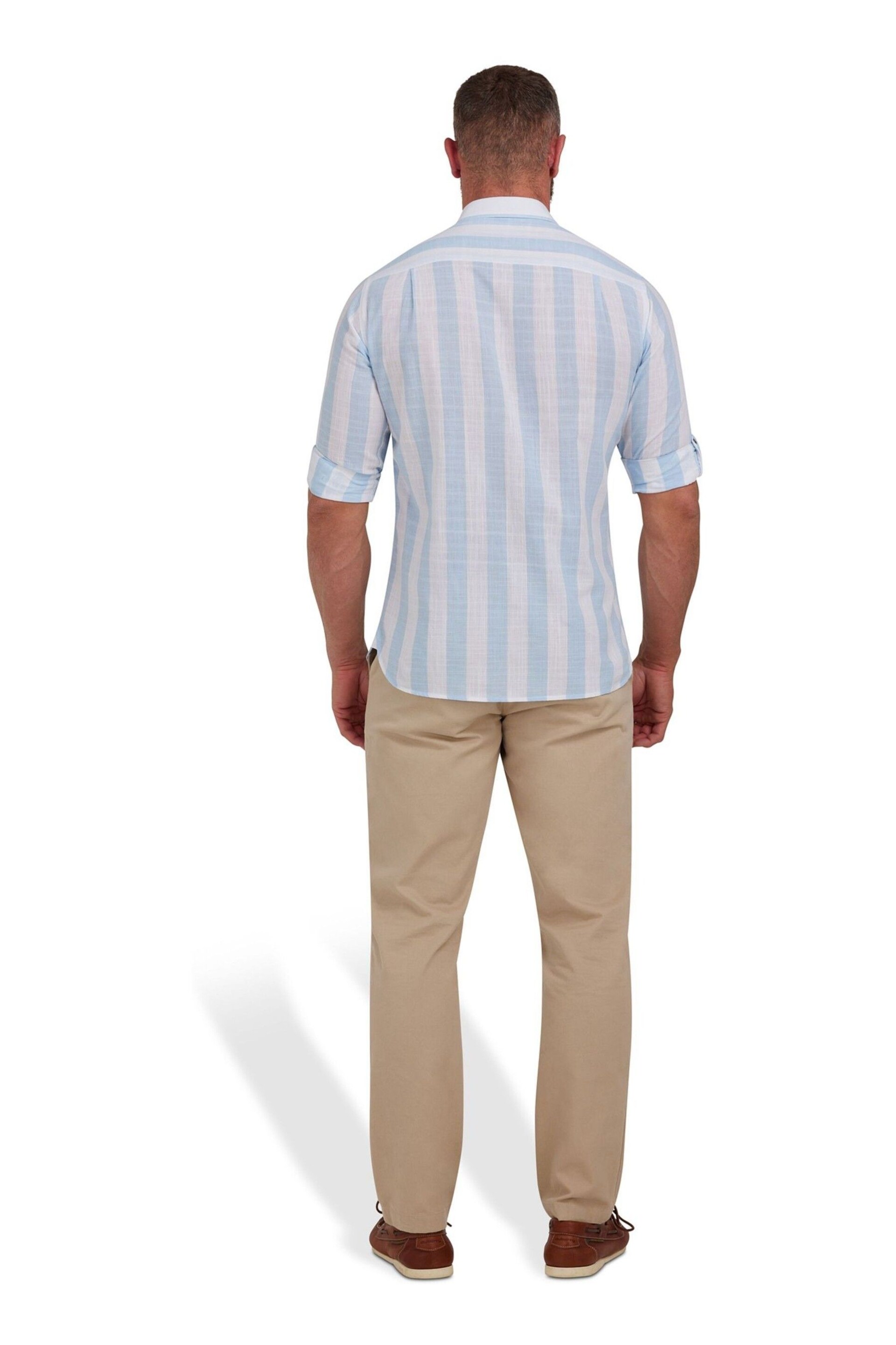 Raging Bull Blue Long Sleeve Wide Stripe Linen Look Shirt - Image 2 of 7