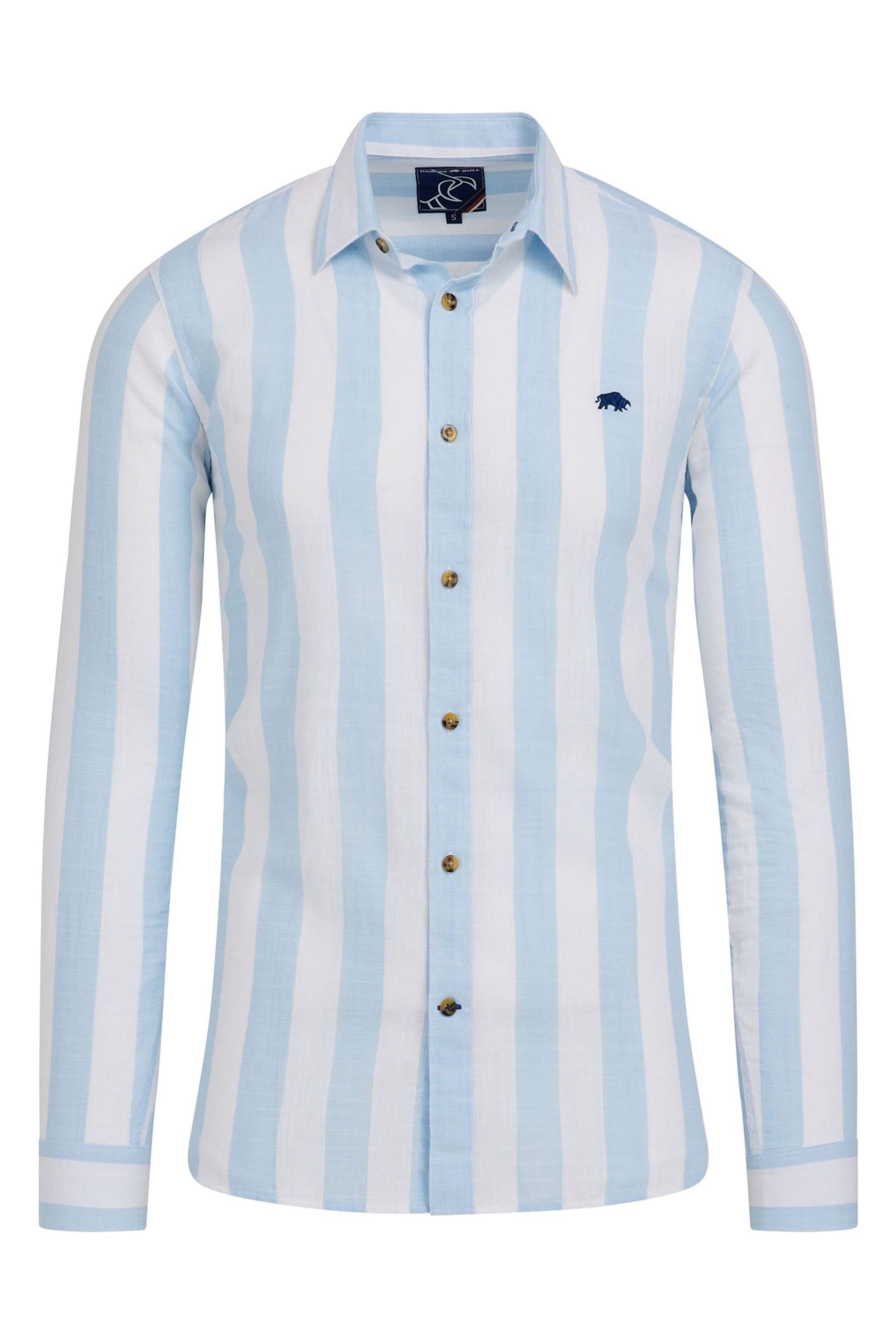 Raging Bull Blue Long Sleeve Wide Stripe Linen Look Shirt - Image 7 of 7