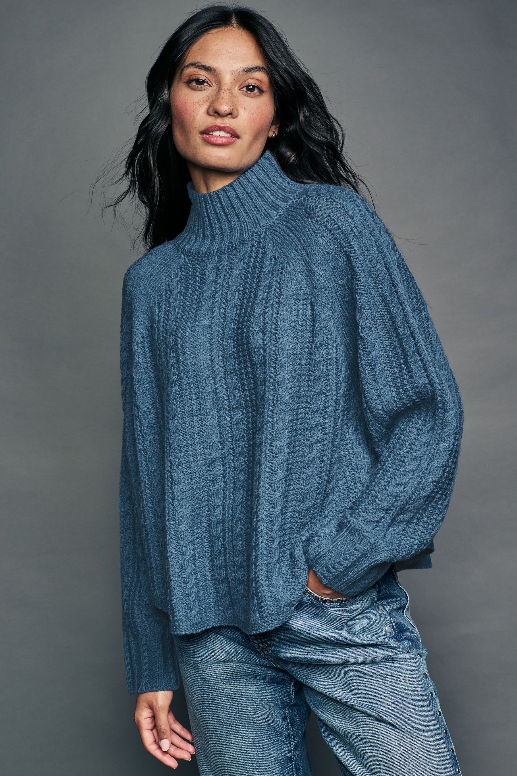 Buy Blue Chambray Cable Knitted Poncho Jumper with Wool from the Next UK online shop