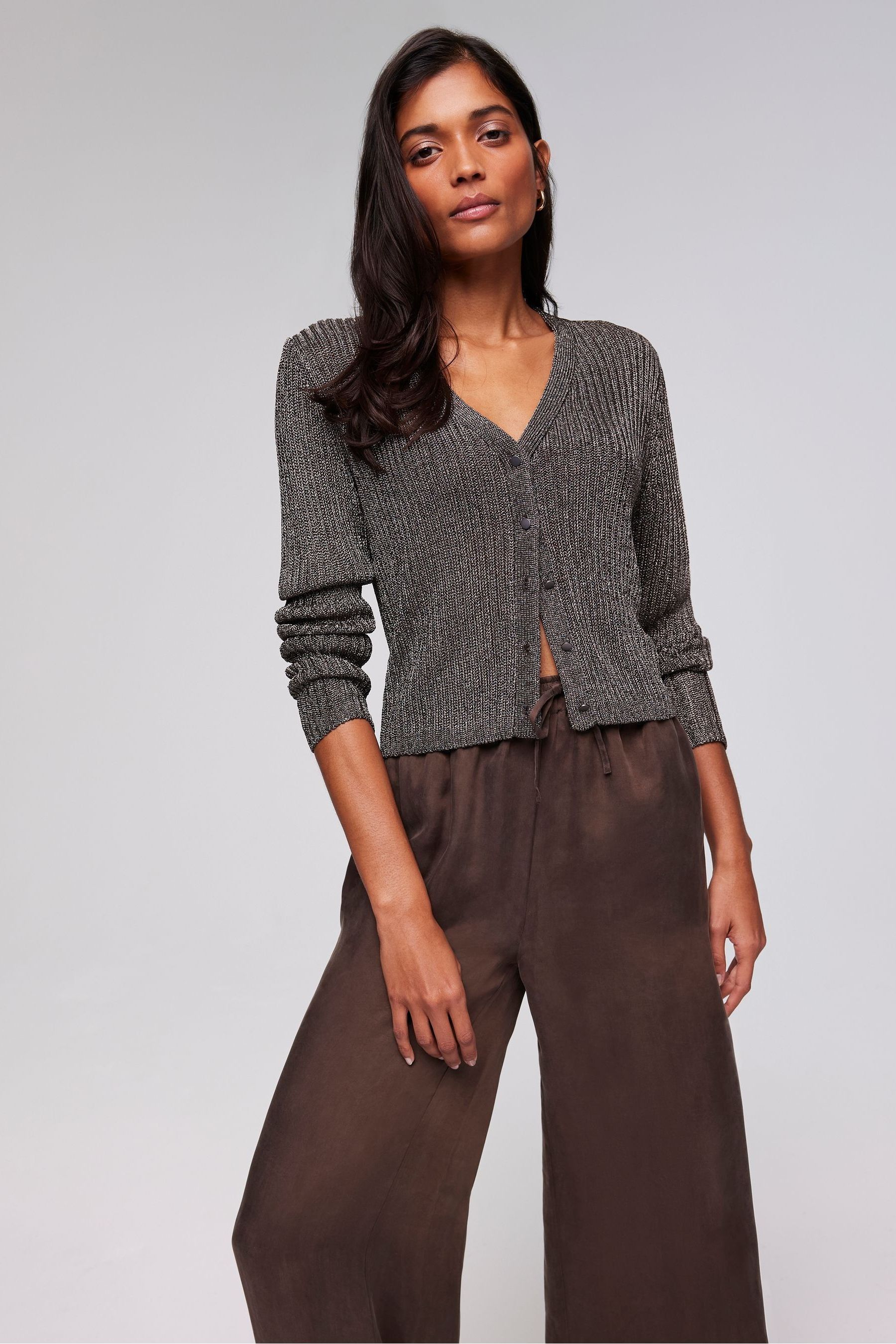 Buy Mint Velvet Brown Metallic Ribbed Cardigan from Next Luxembourg