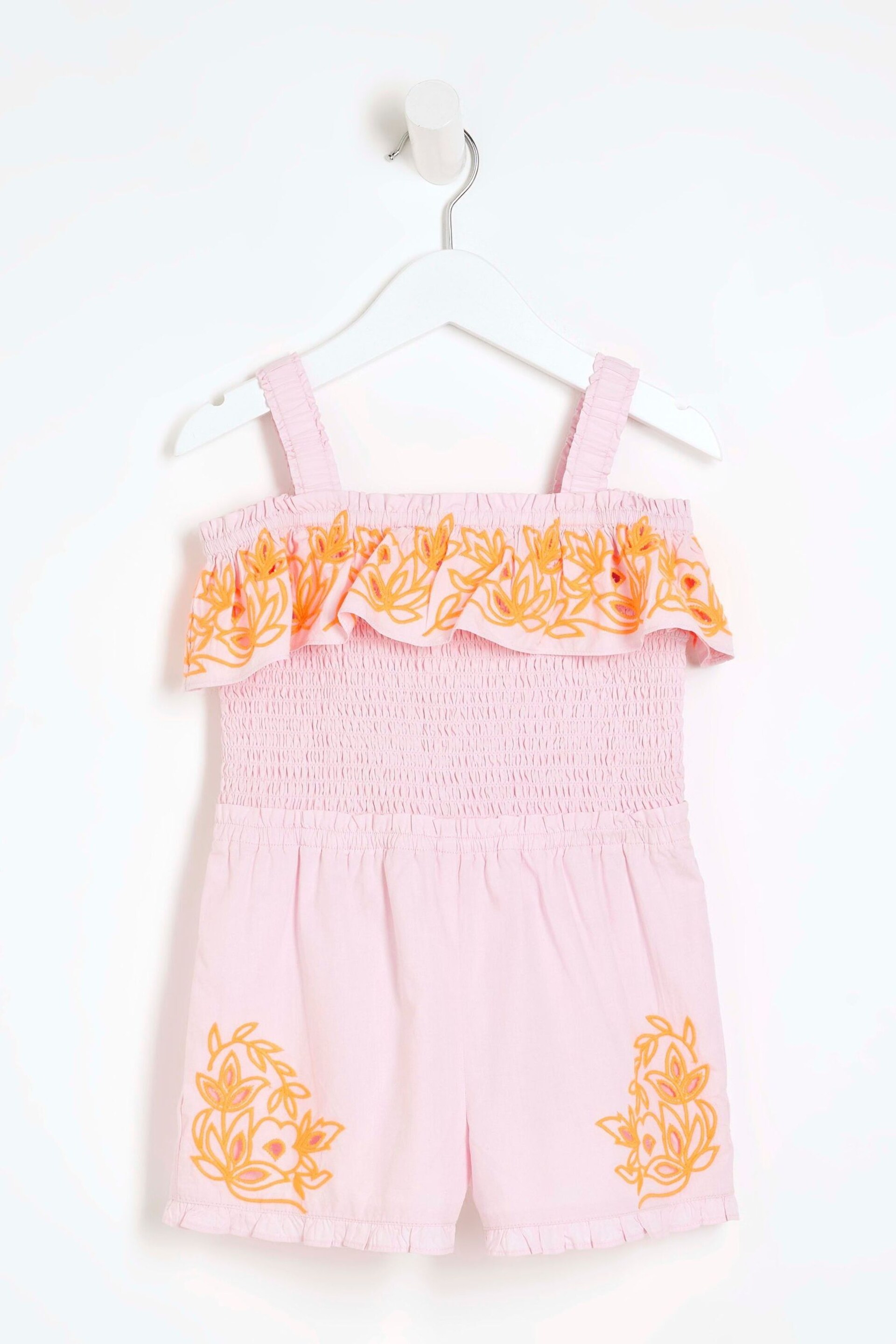 River Island Pink Mini Girls Cutwork Bardot Playsuit - Image 1 of 4