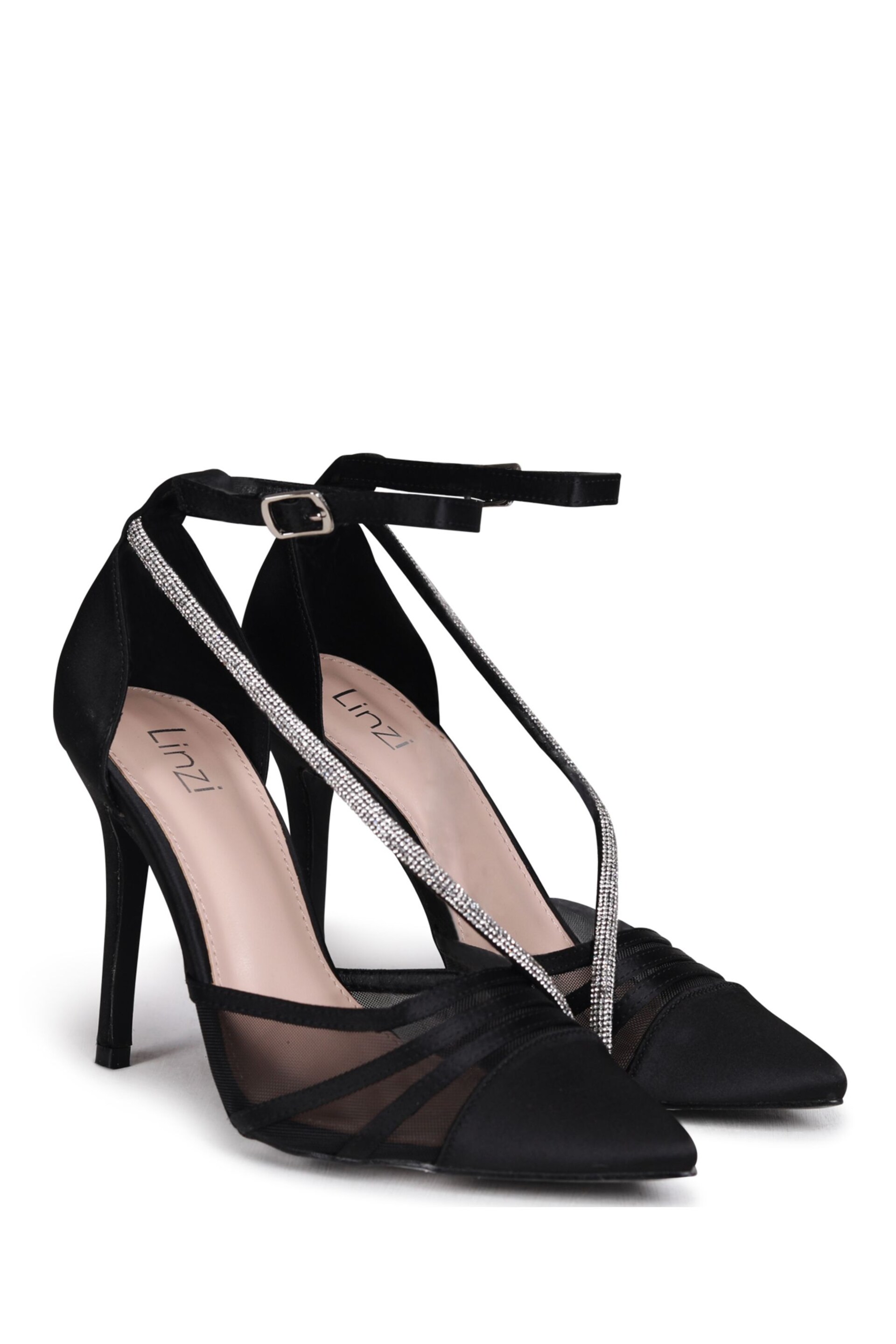 Linzi Black Gretchen Satin & Mesh Court Heels With Diamante Wrap Over Front Strap - Image 3 of 4