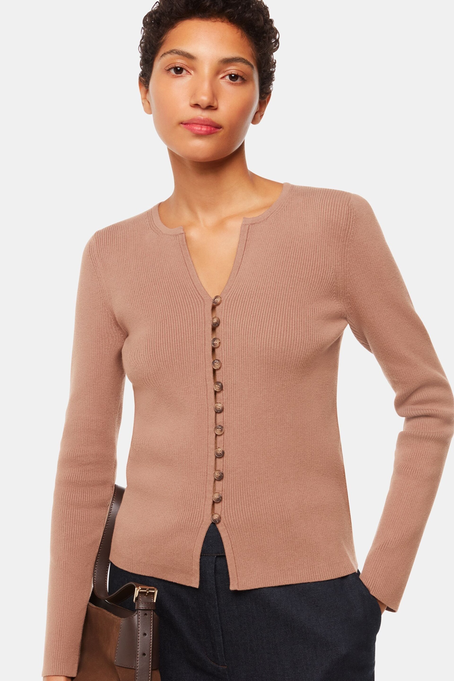 Whistles Natural Ribbed Button Through Cardigan - Image 2 of 5