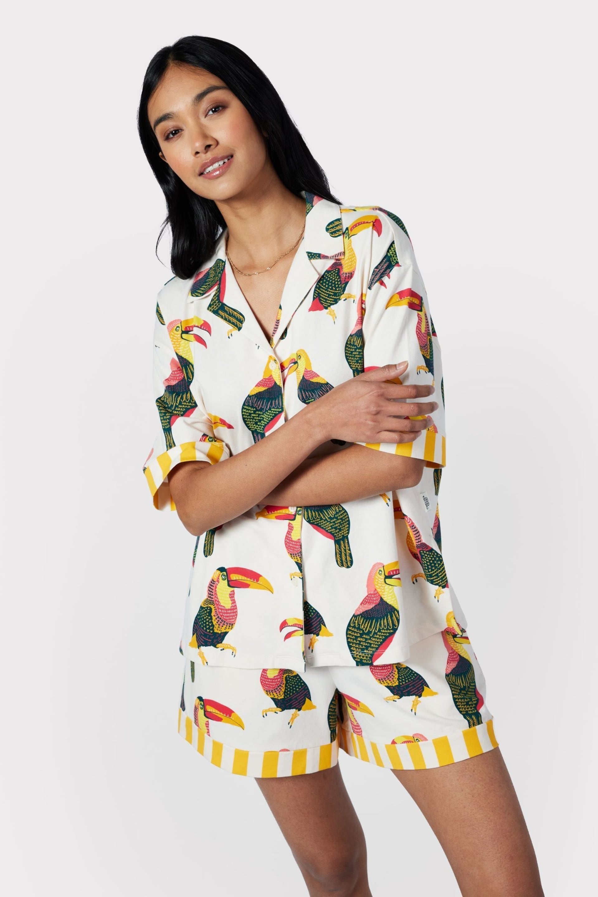 Chelsea Peers Cream Organic Cotton Toucan Print Button Up Short Pyjama Set - Image 2 of 5