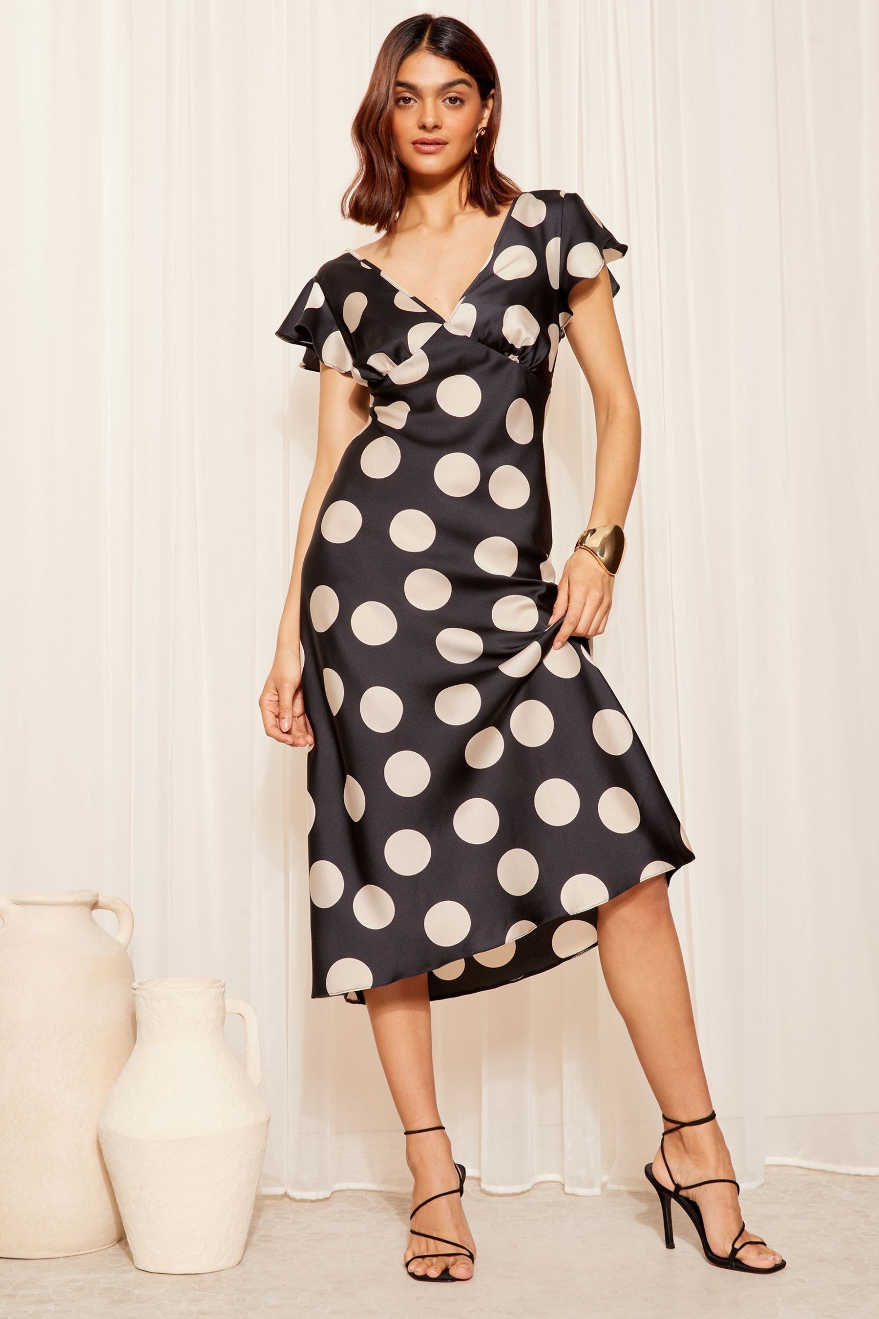 Buy Friends Like These Black White Satin Ruffle Sleeve Bias Cut Midi Dress from the Next UK online shop