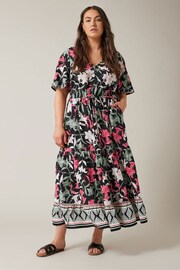 Evans Curve Black Floral Design Border Print Midi Dress - Image 1 of 4