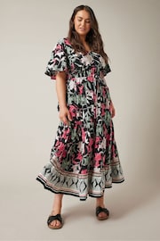 Evans Curve Black Floral Design Border Print Midi Dress - Image 2 of 4