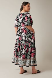 Evans Curve Black Floral Design Border Print Midi Dress - Image 3 of 4