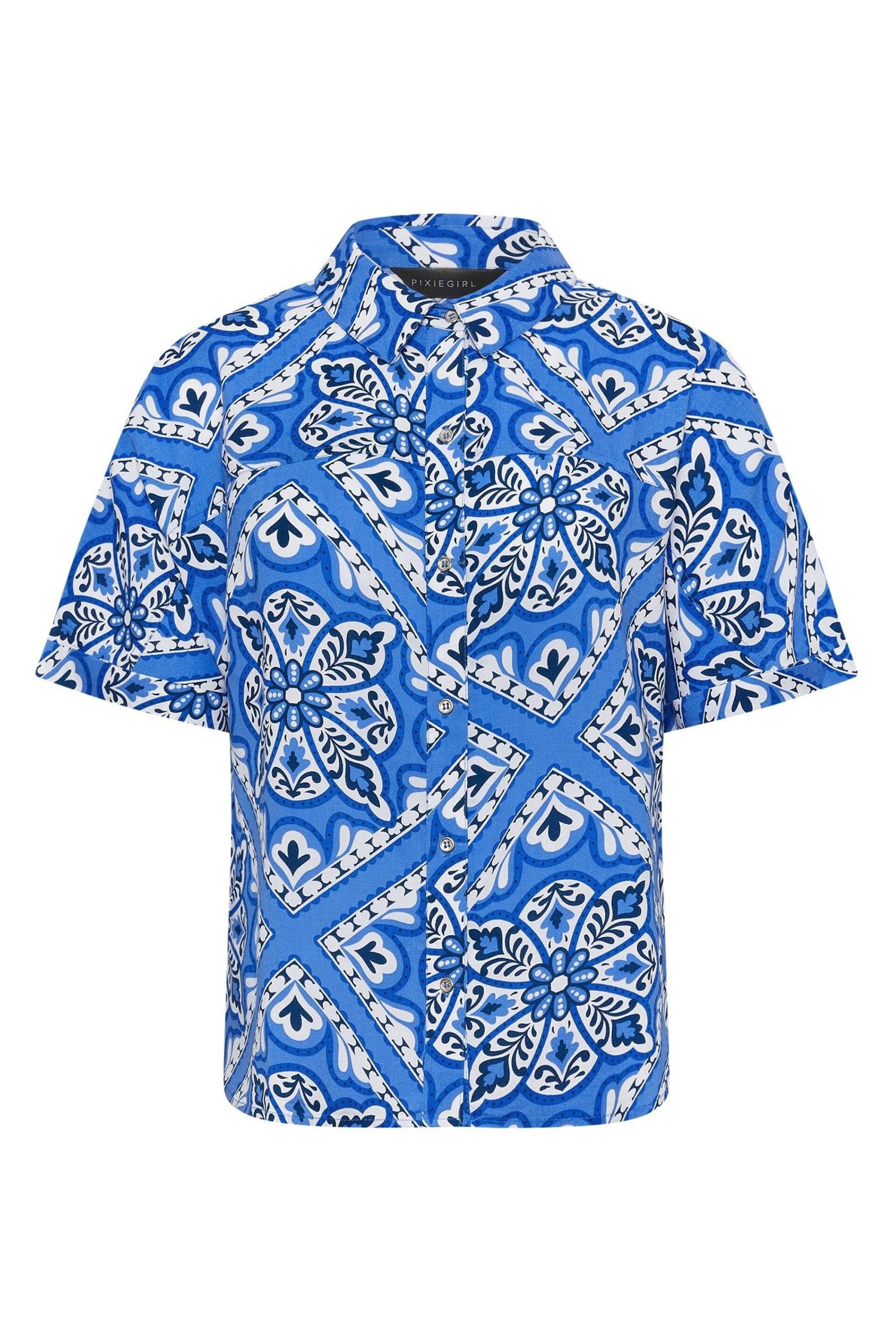 PixieGirl Petite Blue Tile Print Short Sleeve Shirt - Image 6 of 6