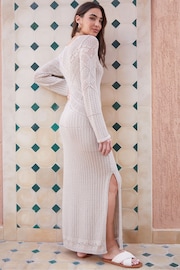 Threadbare White Lined Long Sleeve Crochet Maxi Dress - Image 2 of 4