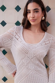 Threadbare White Lined Long Sleeve Crochet Maxi Dress - Image 4 of 4