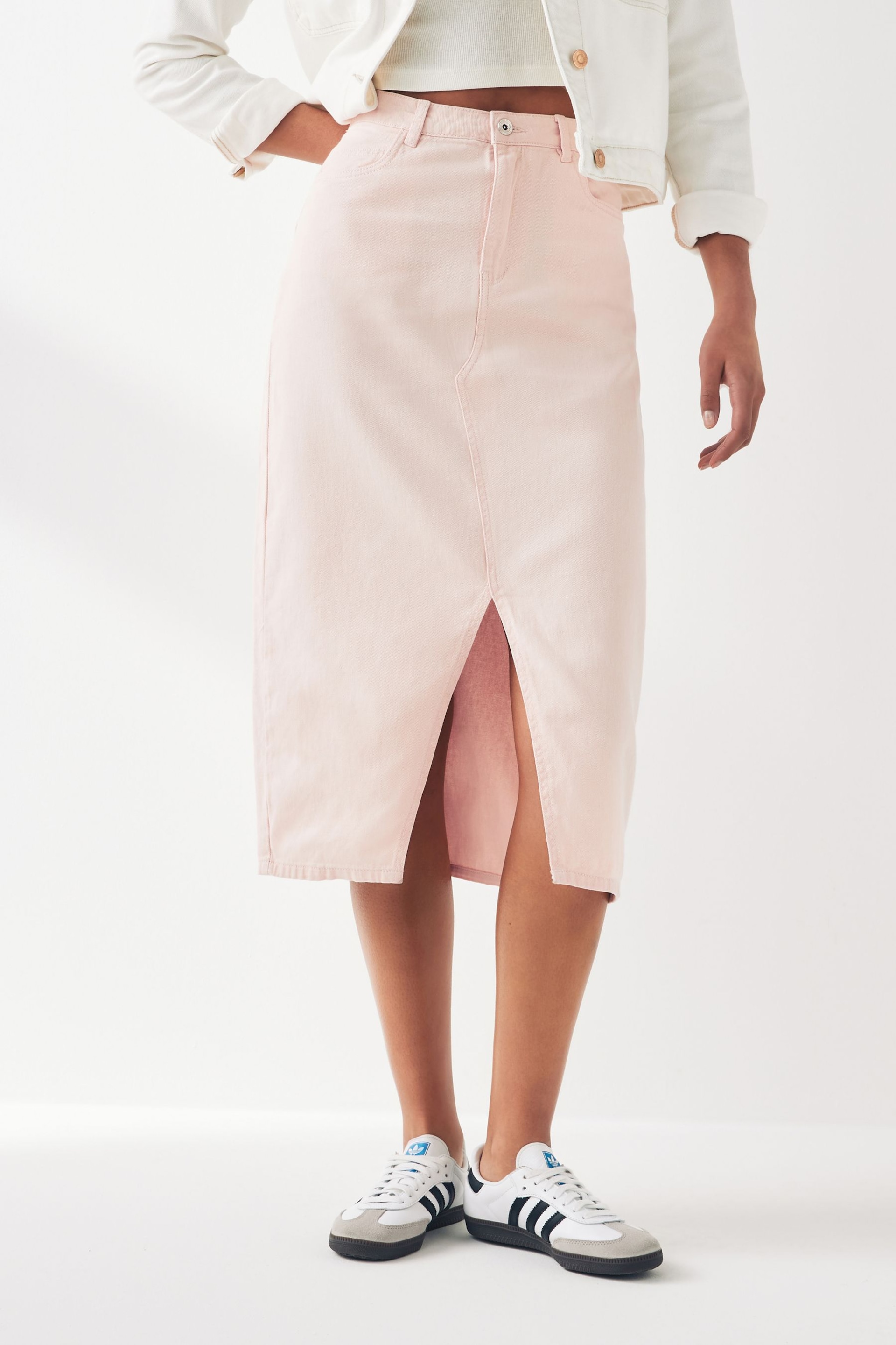 ONLY Pink Denim Midi Skirt With Front Split - Image 1 of 5