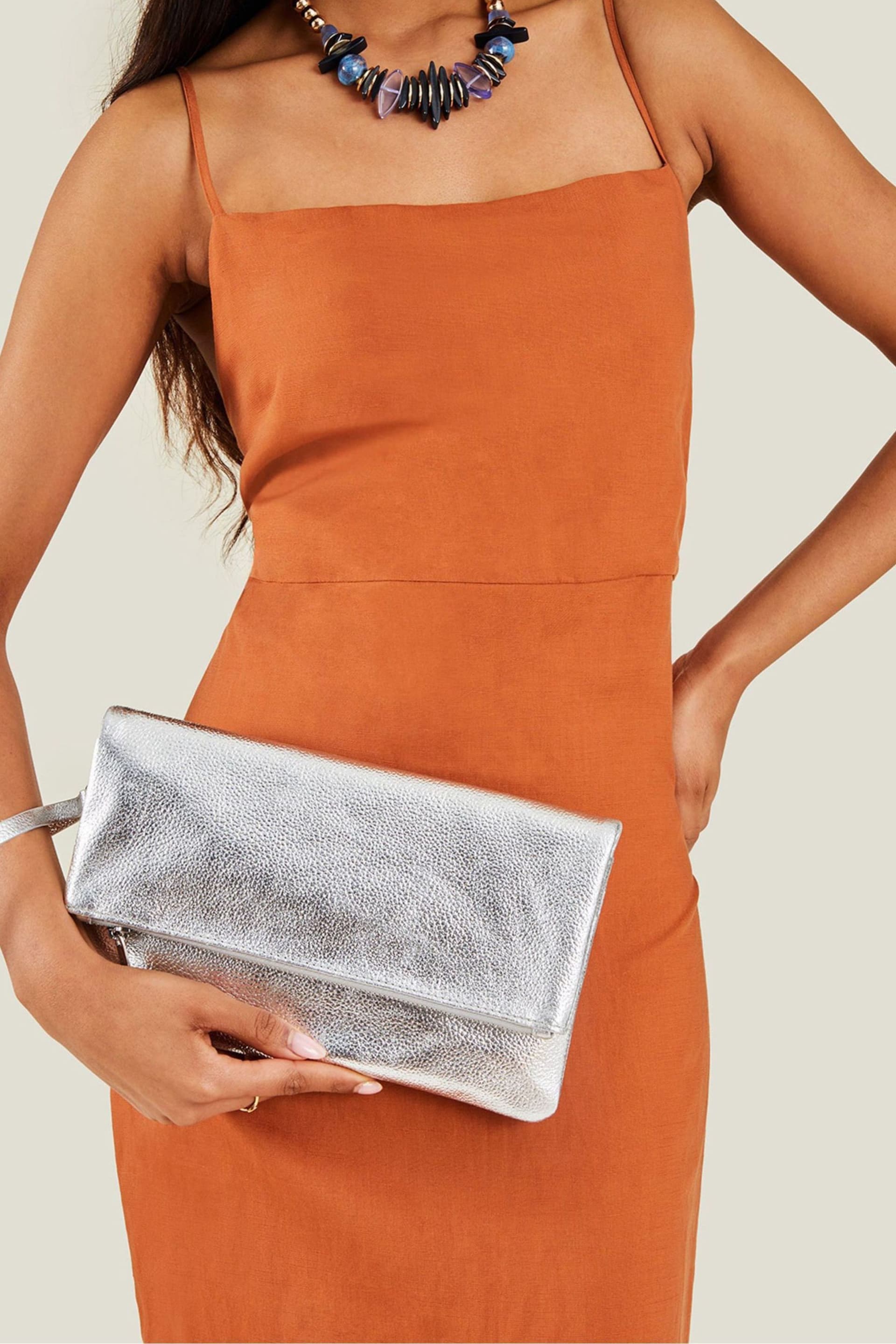 Accessorize Silver Leather Fold Over Clutch - Image 1 of 4
