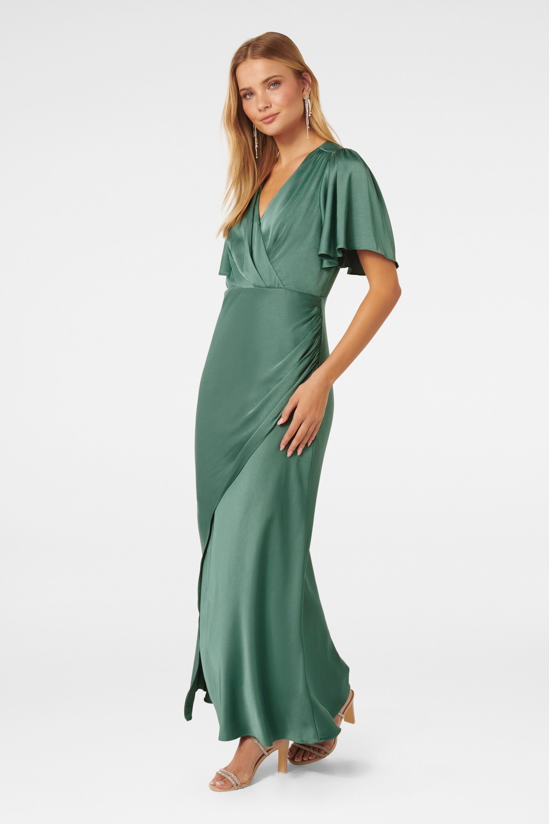 Forever New Green Chelsea Flutter Sleeve Satin Maxi Dress - Image 3 of 4