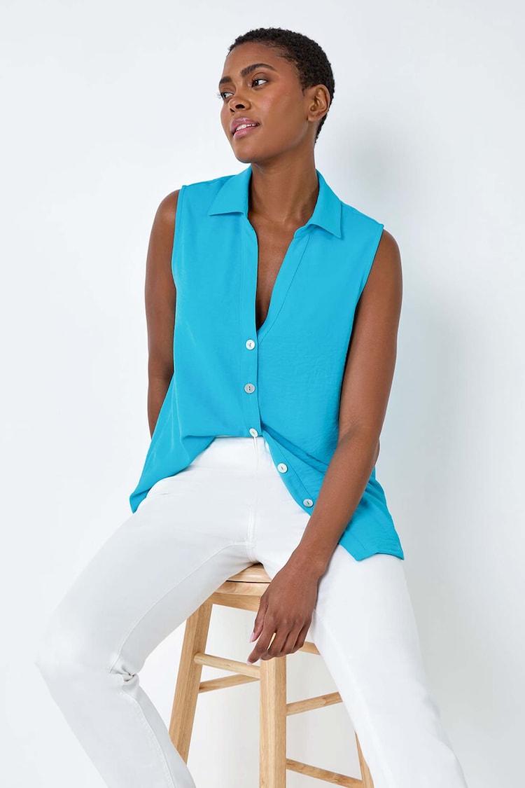 Roman Blue Sleeveless Button Through Top - Image 1 of 5