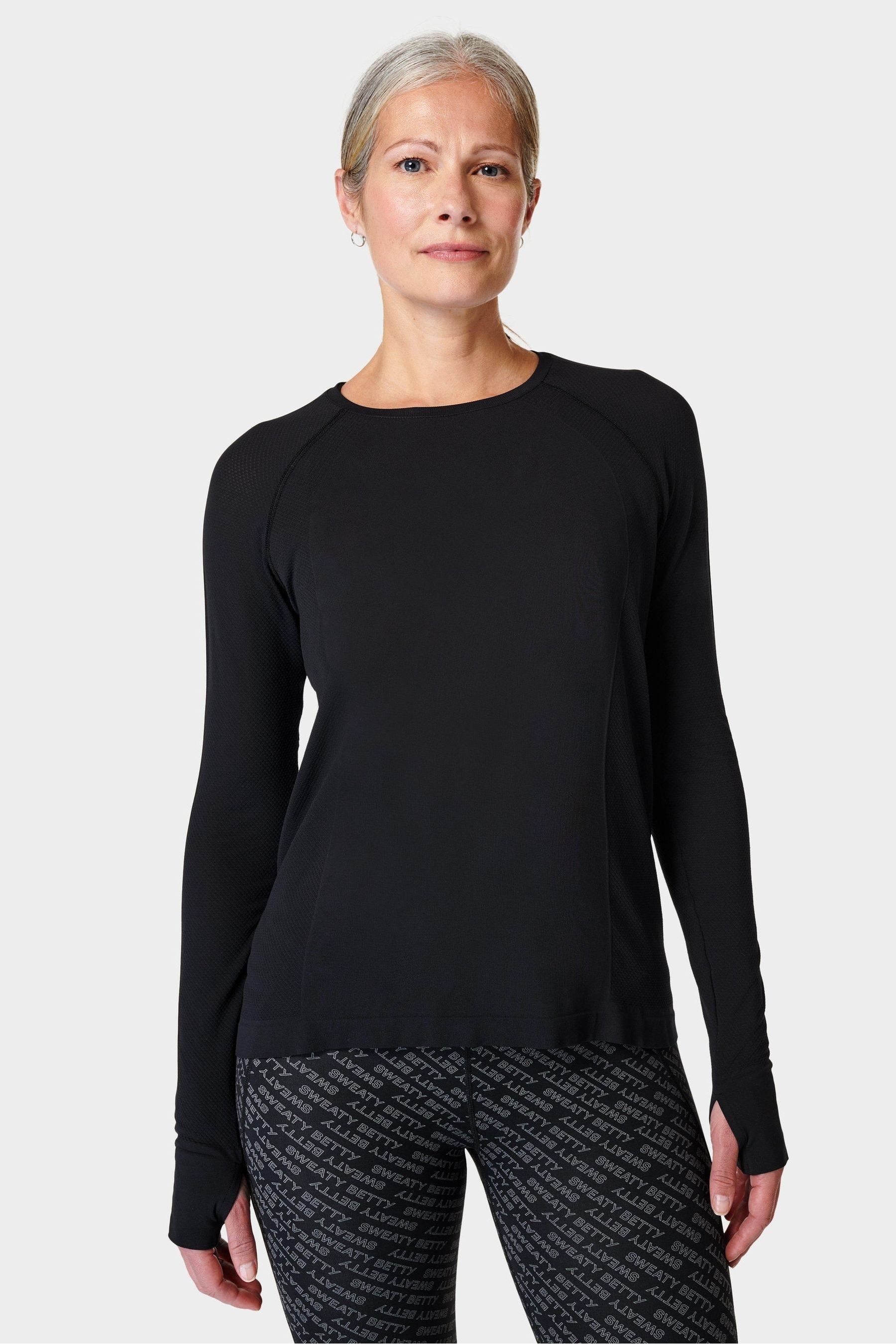 Sweaty Betty Black Athlete Seamless Featherweight Long Sleeve Top M L Womens