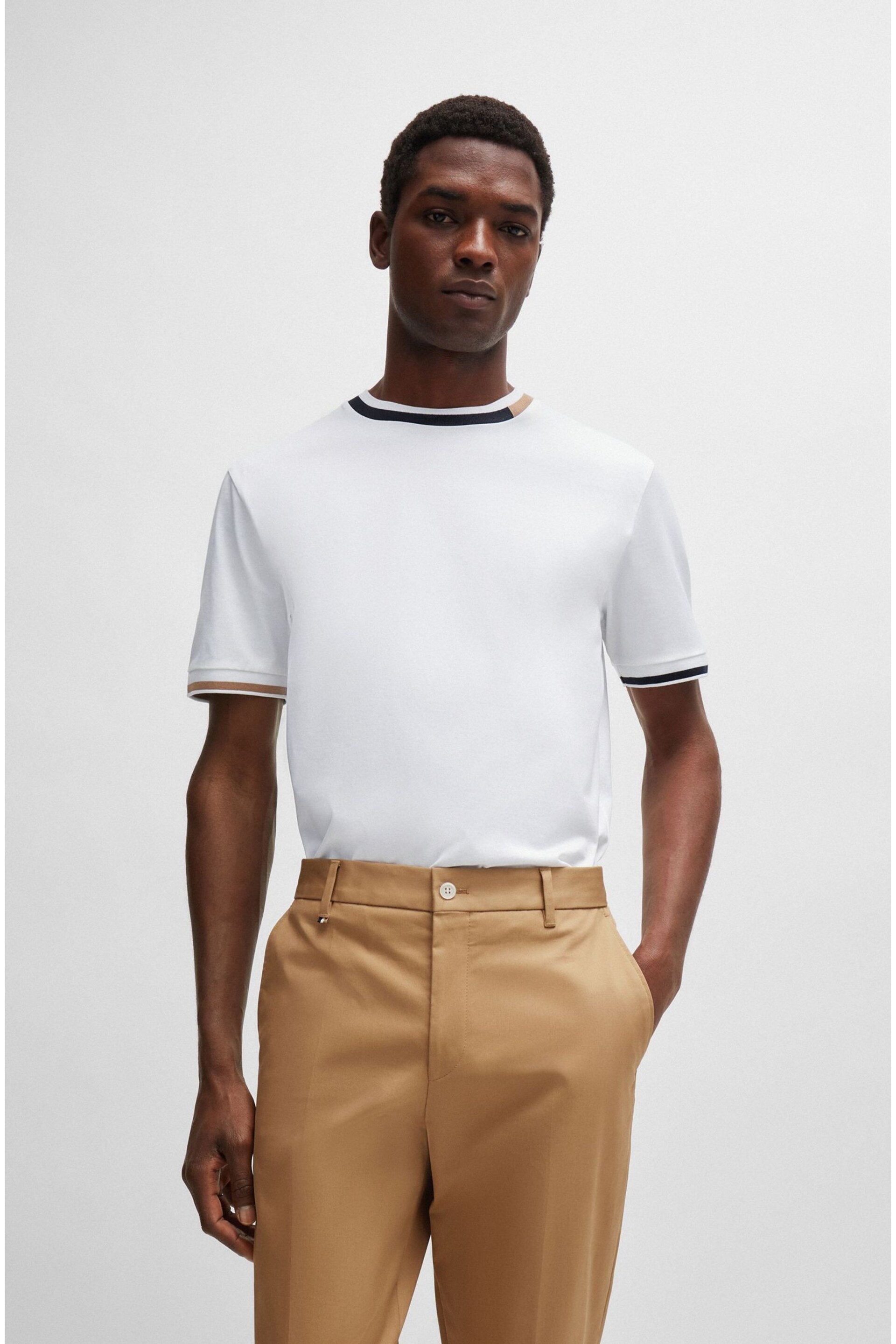 BOSS White Mercerised-Cotton T-Shirt With Signature-Stripe Details - Image 3 of 5
