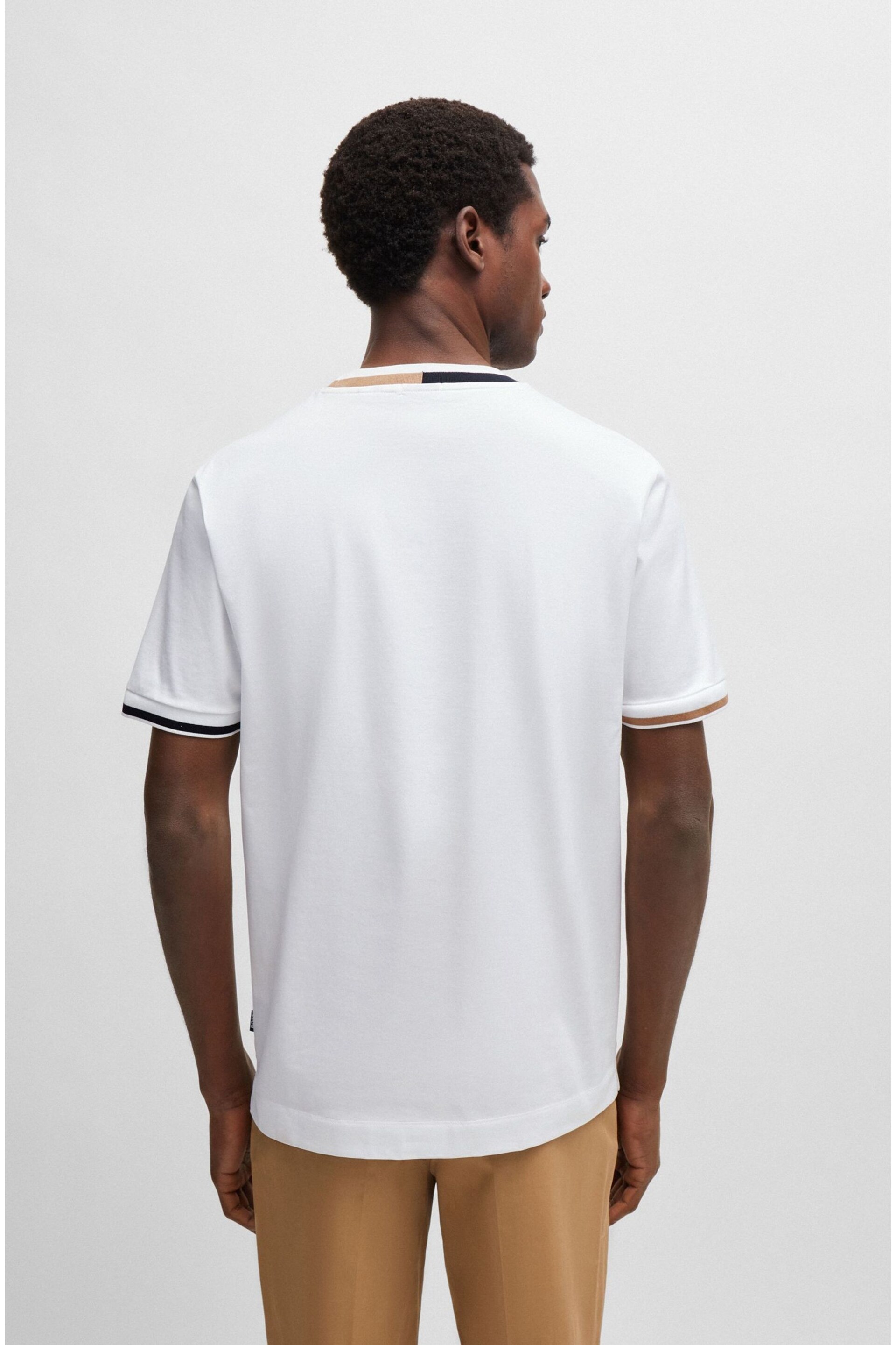 BOSS White Mercerised-Cotton T-Shirt With Signature-Stripe Details - Image 4 of 5