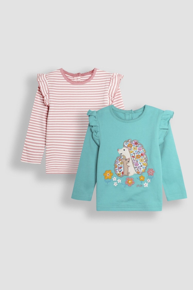 JoJo Maman Bébé Duck Egg Floral and Stripe Frill Tops 2 Pack - Image 1 of 5