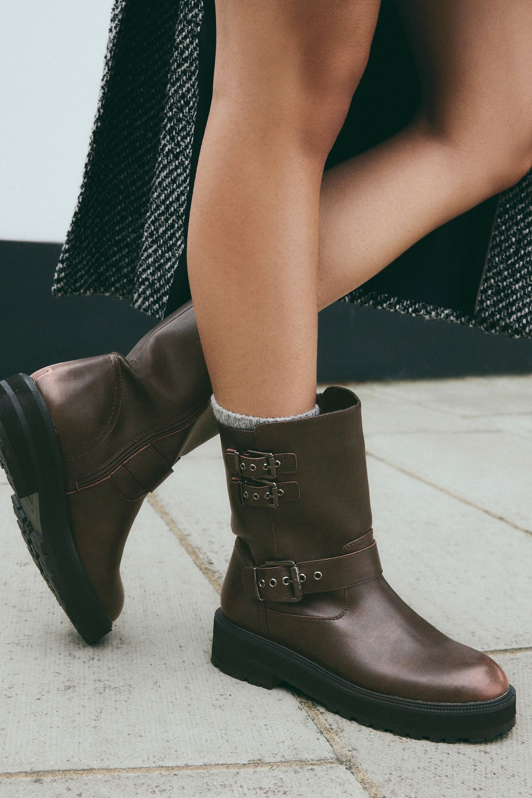 Buy Chocolate Brown Standard Wide Fit Forever Comfort Buckle Biker Ankle Boots from Next Luxembourg