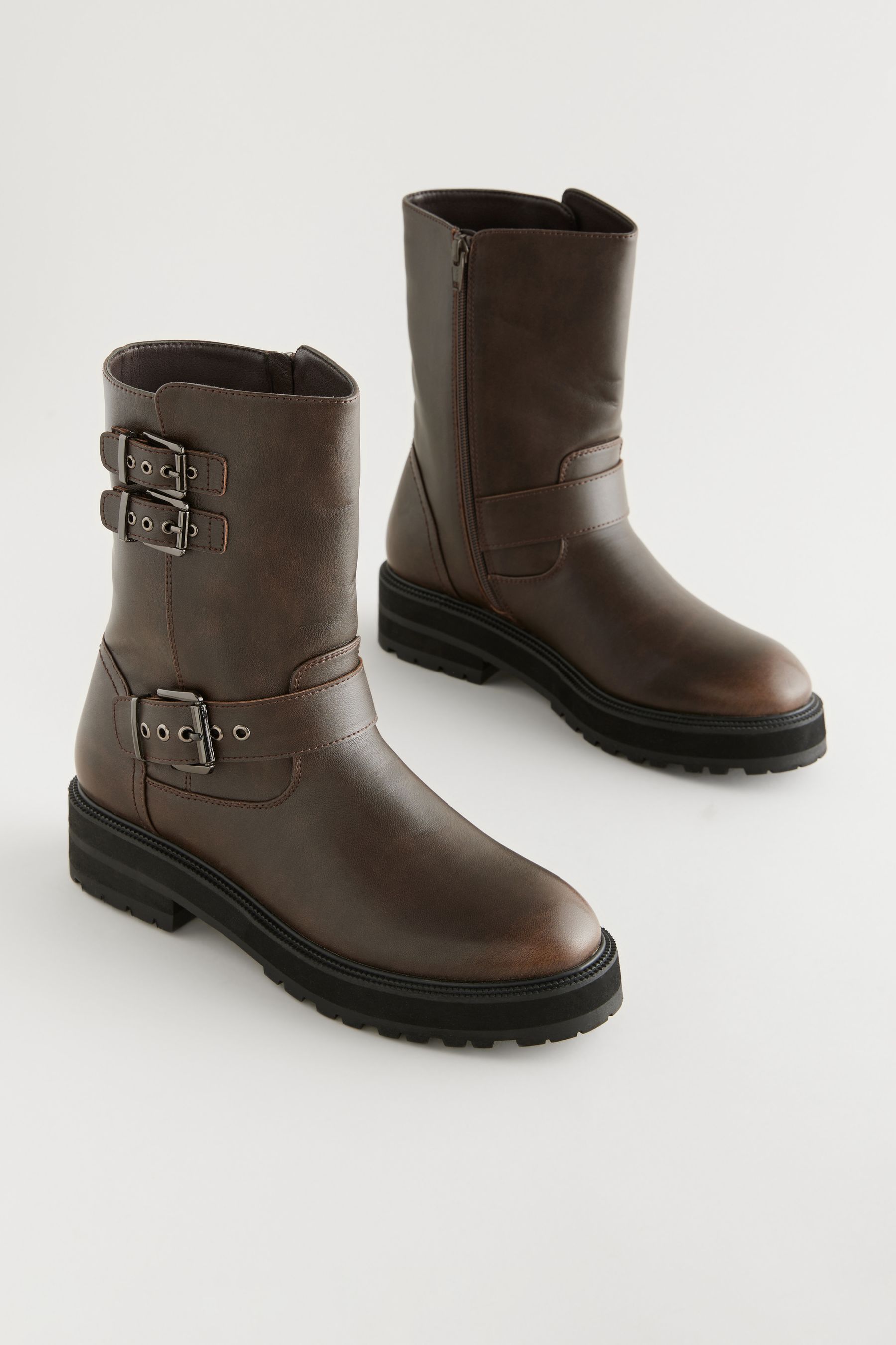 Buy Chocolate Brown Standard Wide Fit Forever Comfort Buckle Biker Ankle Boots from the Next UK online shop