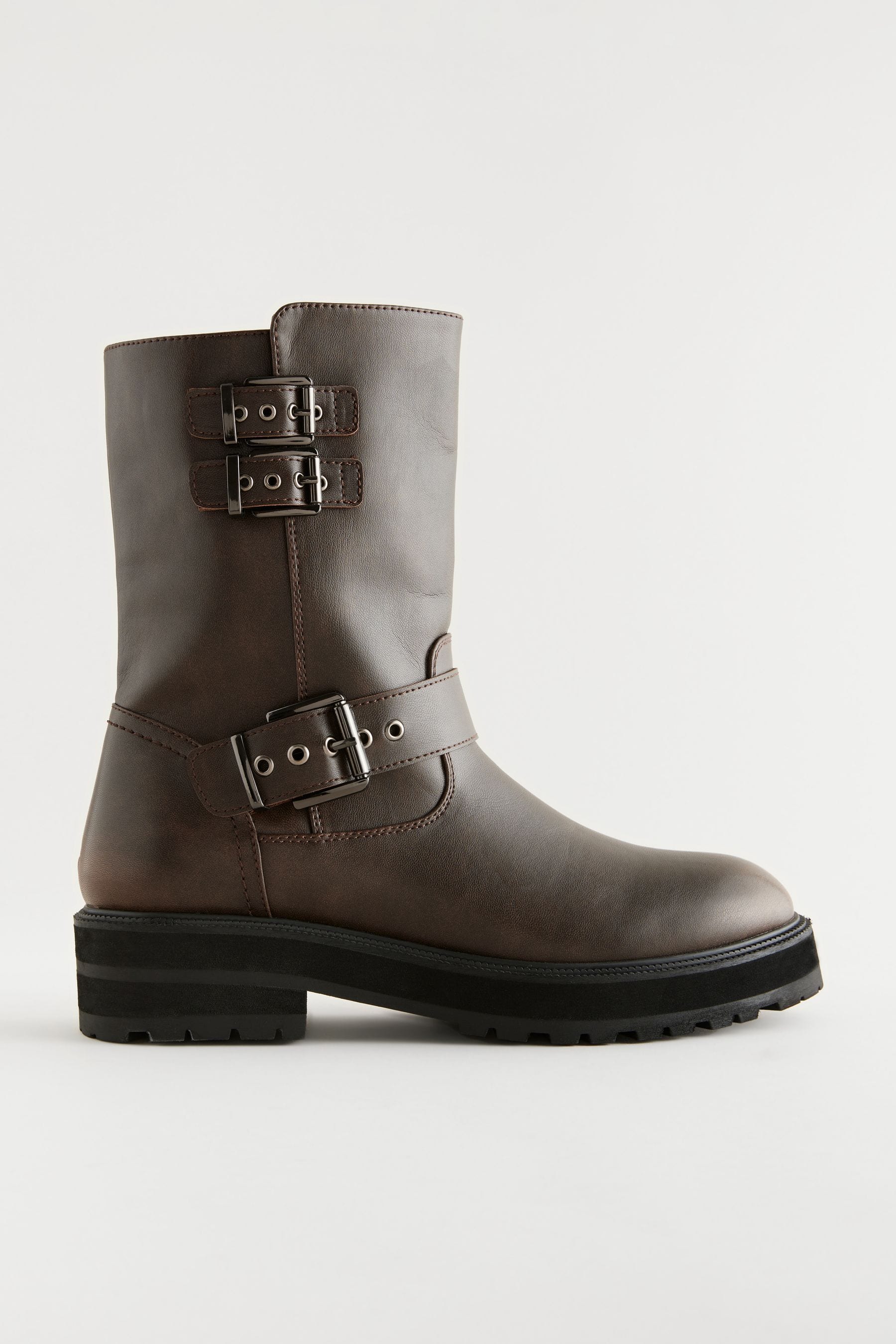 Chocolate Brown Standard Wide Fit Forever Comfort Buckle Biker Ankle Boots