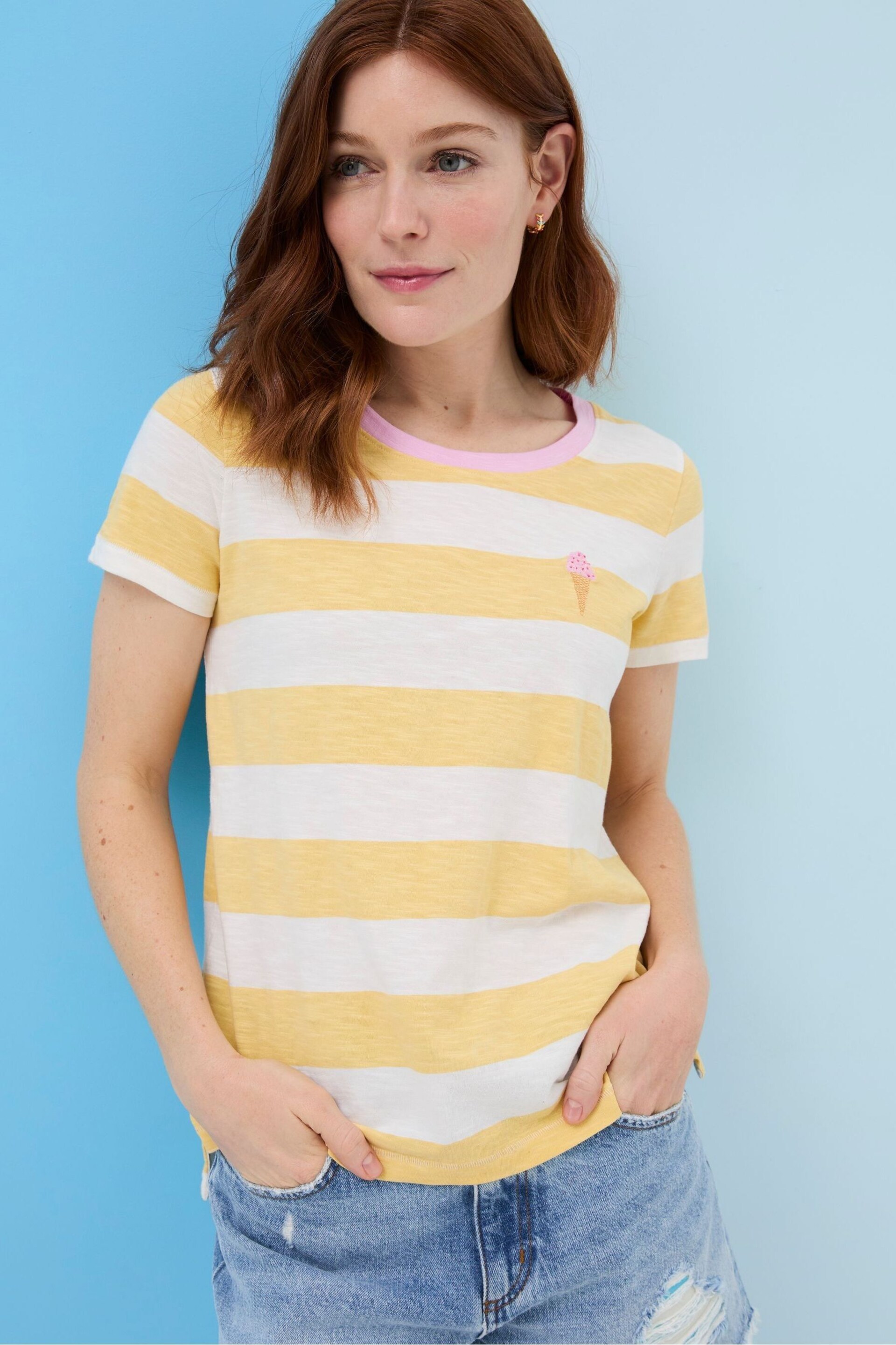 FatFace Yellow Natalie Stripe T-Shirt - Image 1 of 7