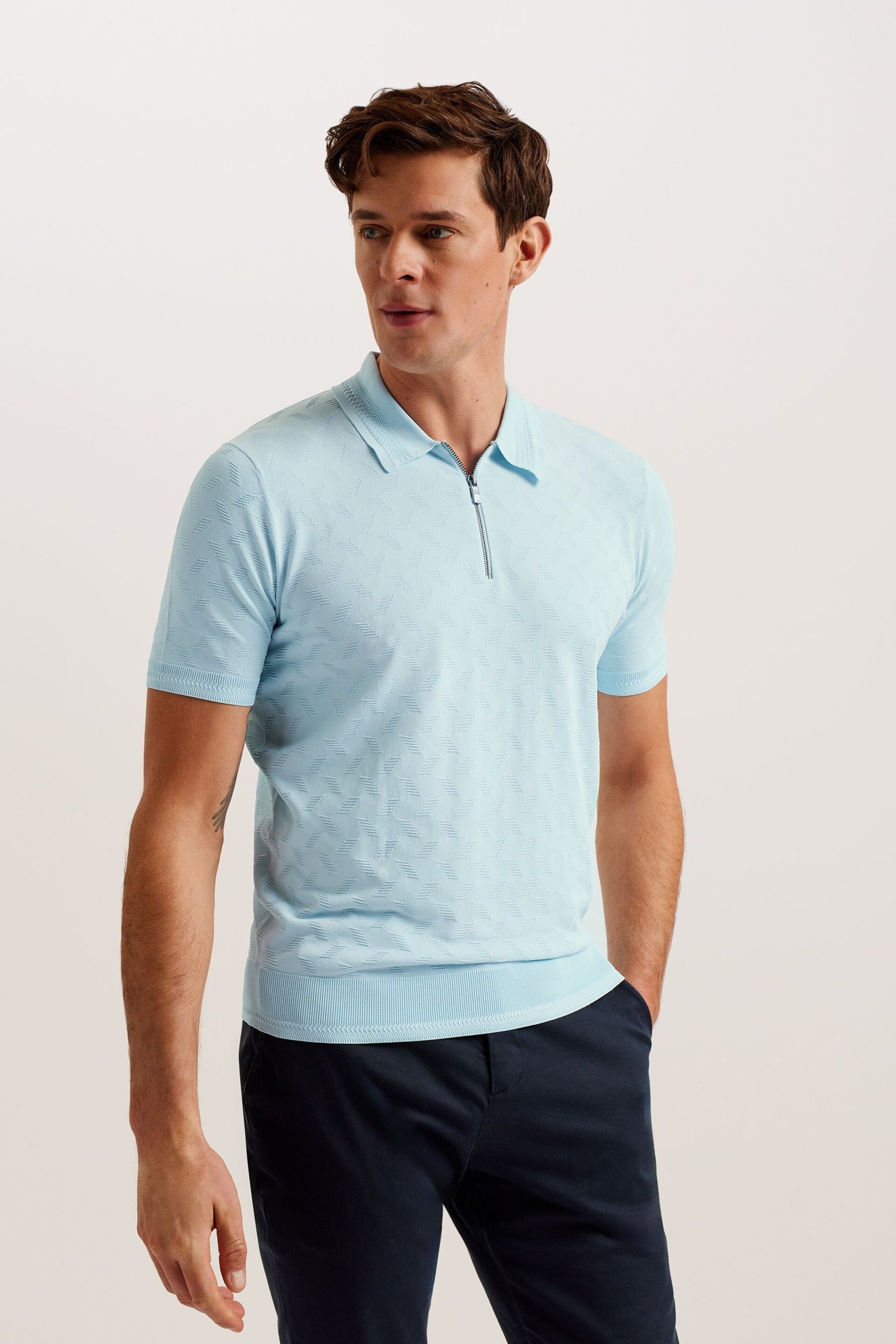 Ted Baker Blue Palton Regular Short Sleeve Textured Polo Shirt - Image 3 of 6