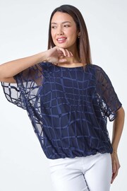 Roman Blue Abstract Check Print Blouson Top - Image 1 of 5