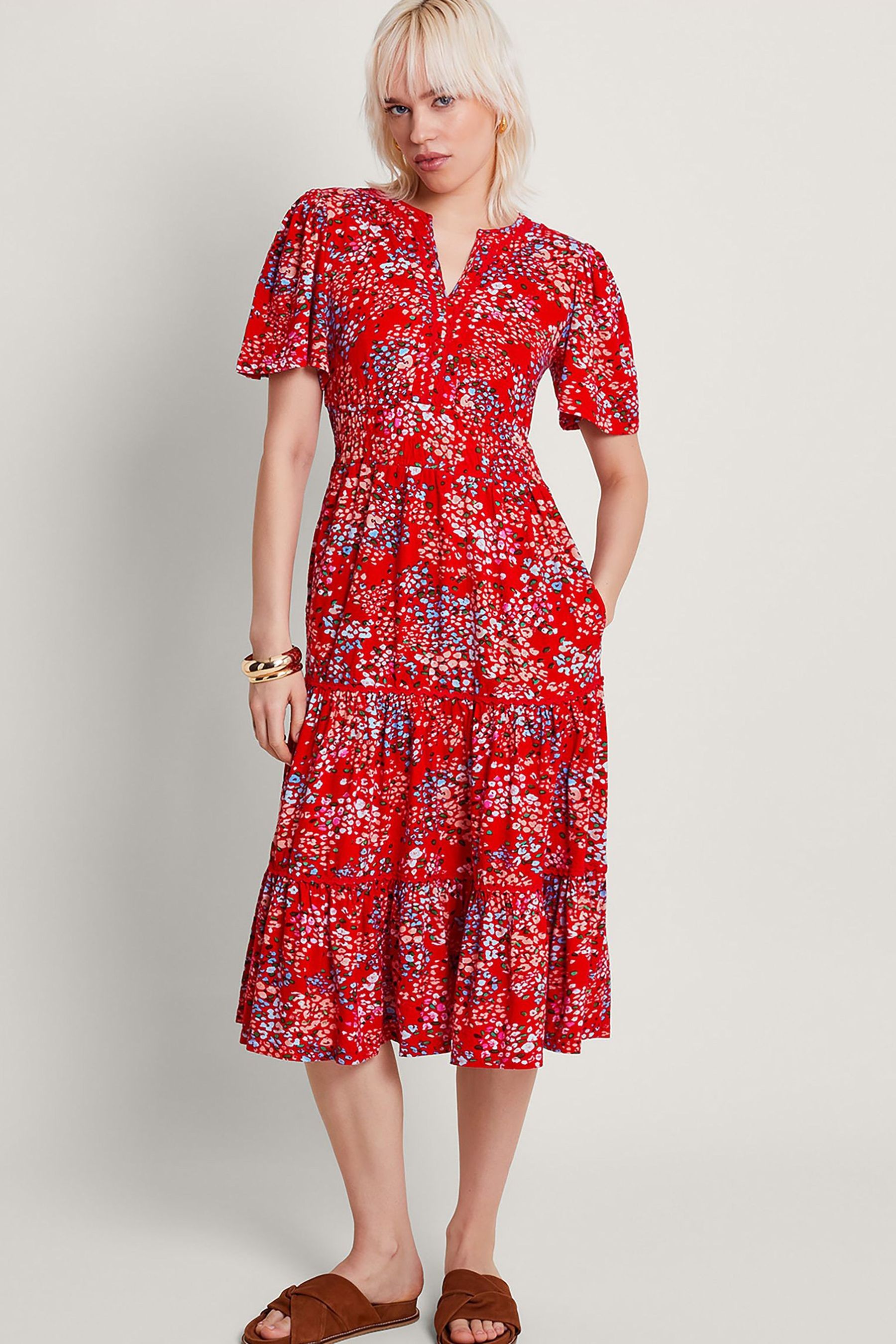 Monsoon Red Micola Print Tiered Dress