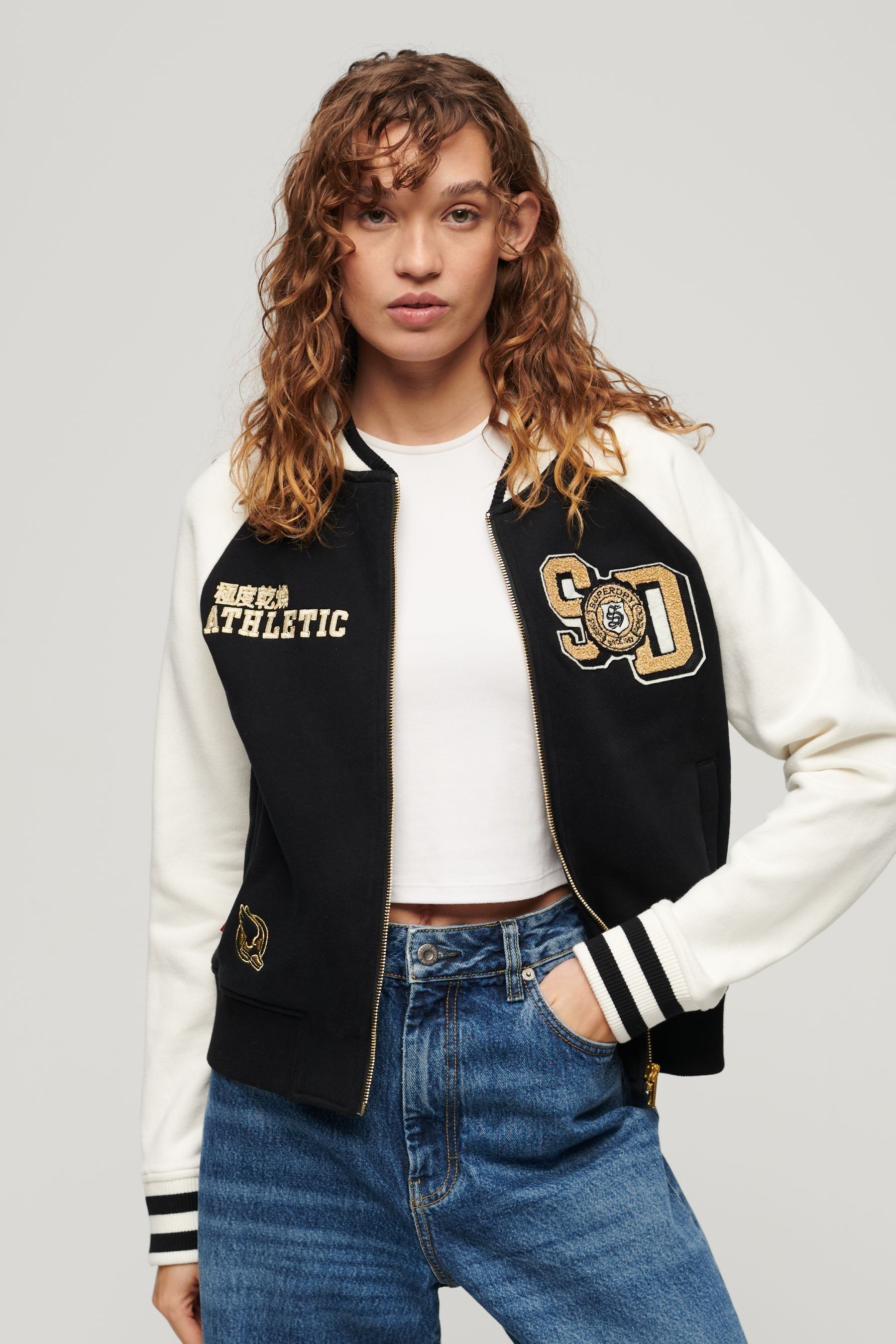 Superdry Black College Graphic Jersey Bomber Jacket 12 Womens