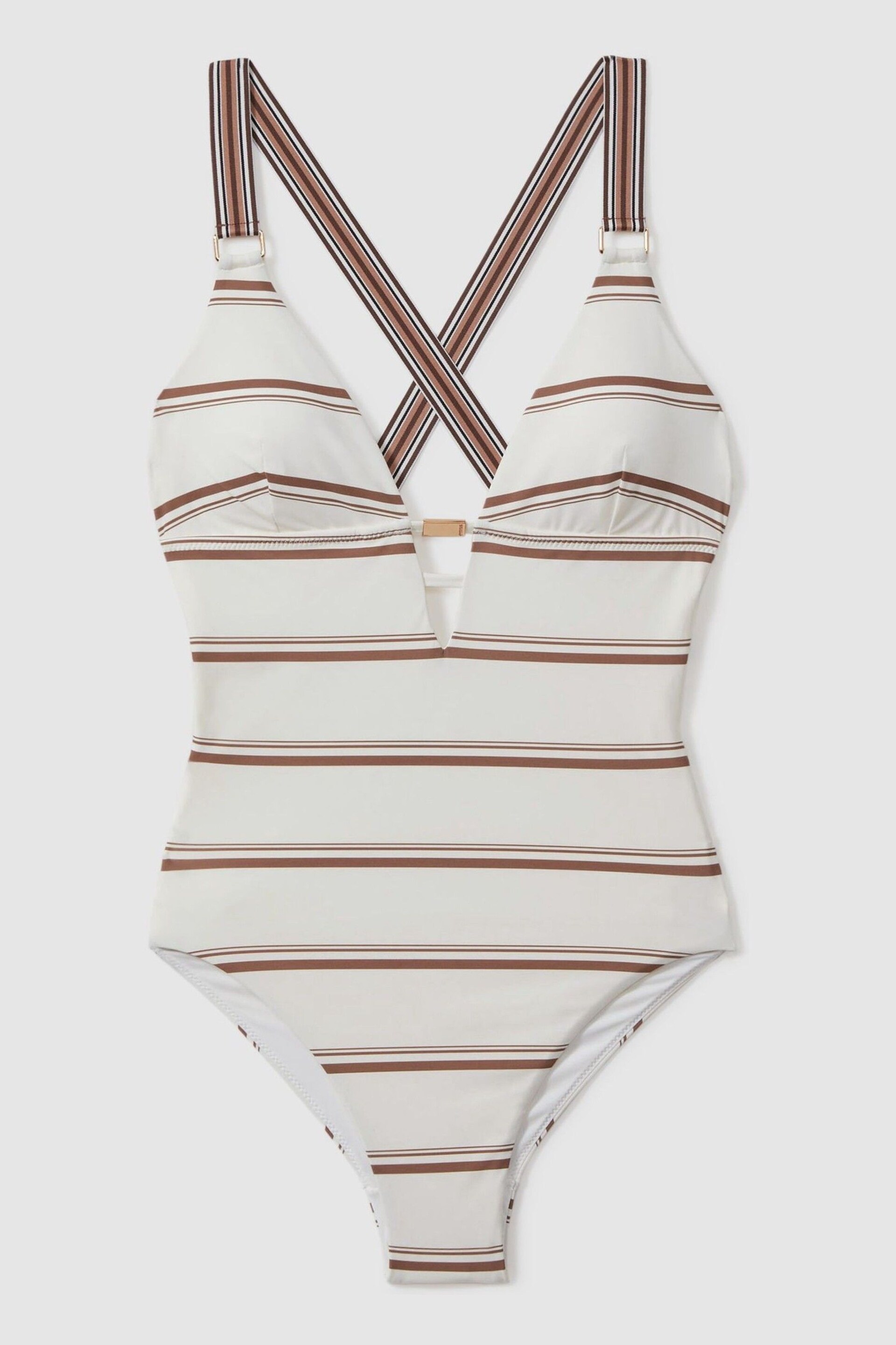 Reiss Cream/Brown Freda Striped Cross-Back Swimsuit - Image 2 of 4