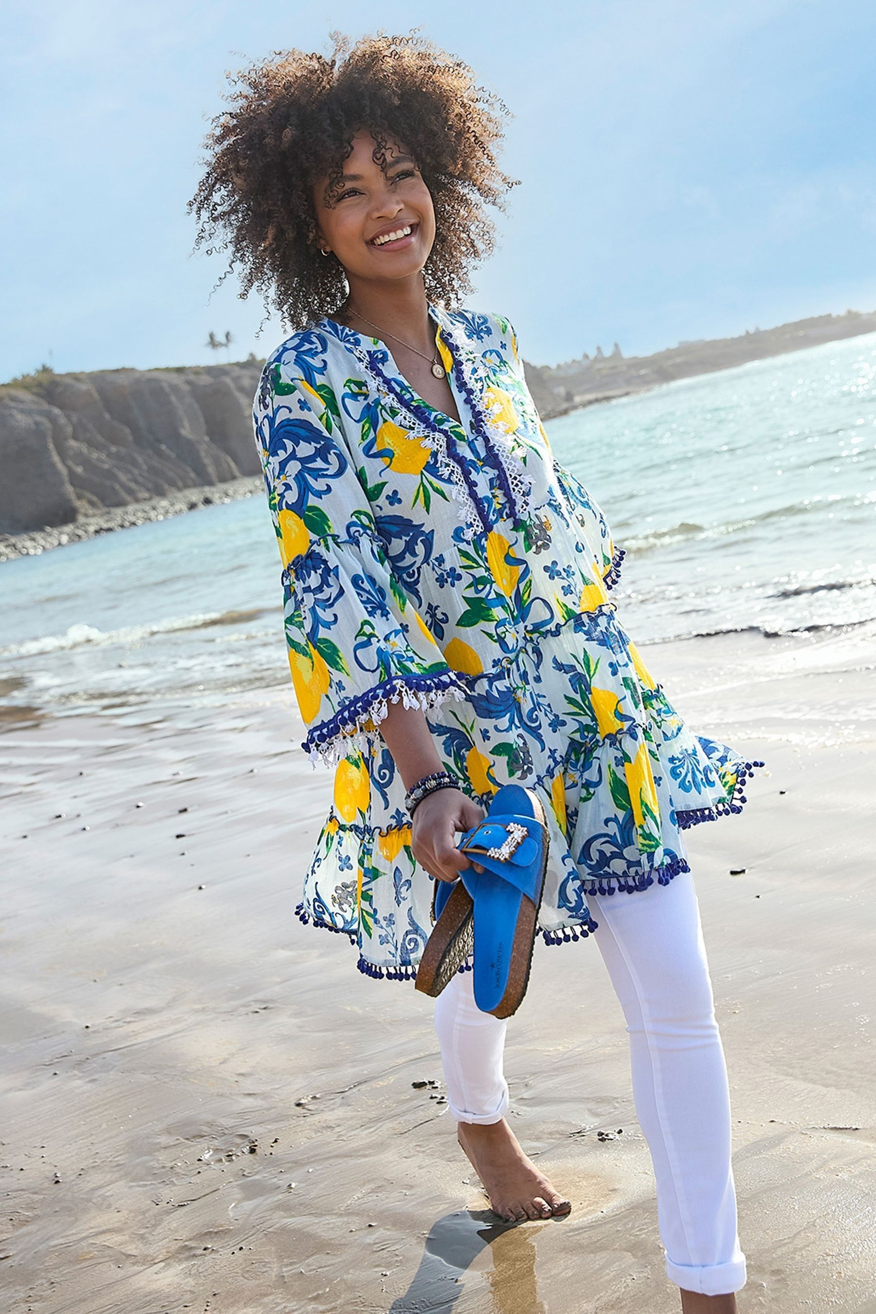 Buy Joe Browns White Lemon Print Lace Trim Tiered Mini Dress from Next Australia