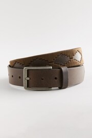 Brown/Cream Geometric Stitch Detail Leather Belt - Image 1 of 2