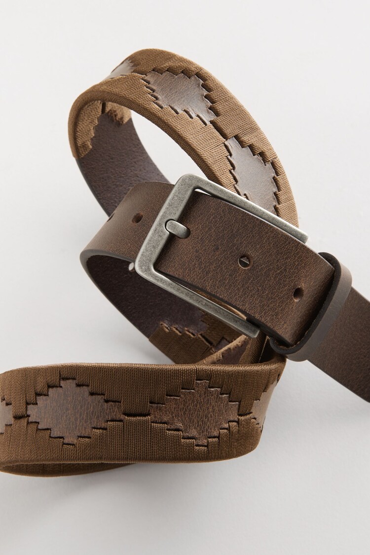 Brown/Cream Geometric Stitch Detail Leather Belt - Image 2 of 2