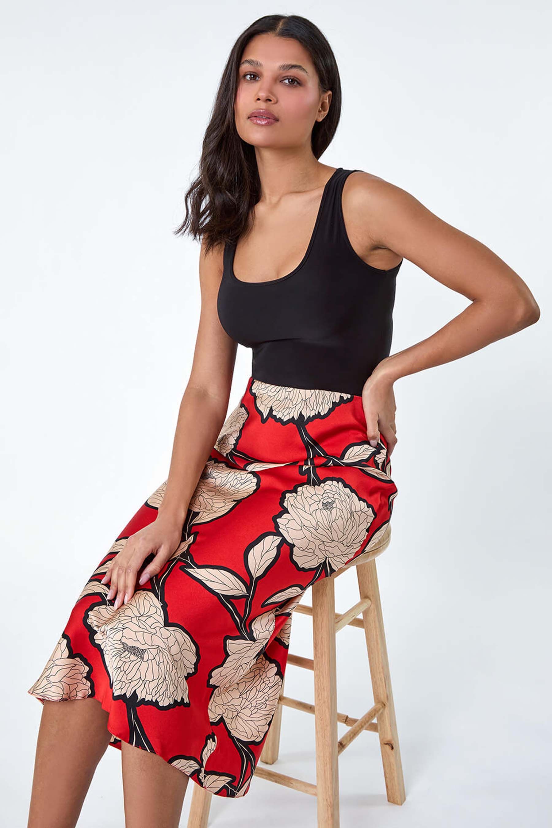 Roman Orange Floral Satin Bias Cut Midi Skirt