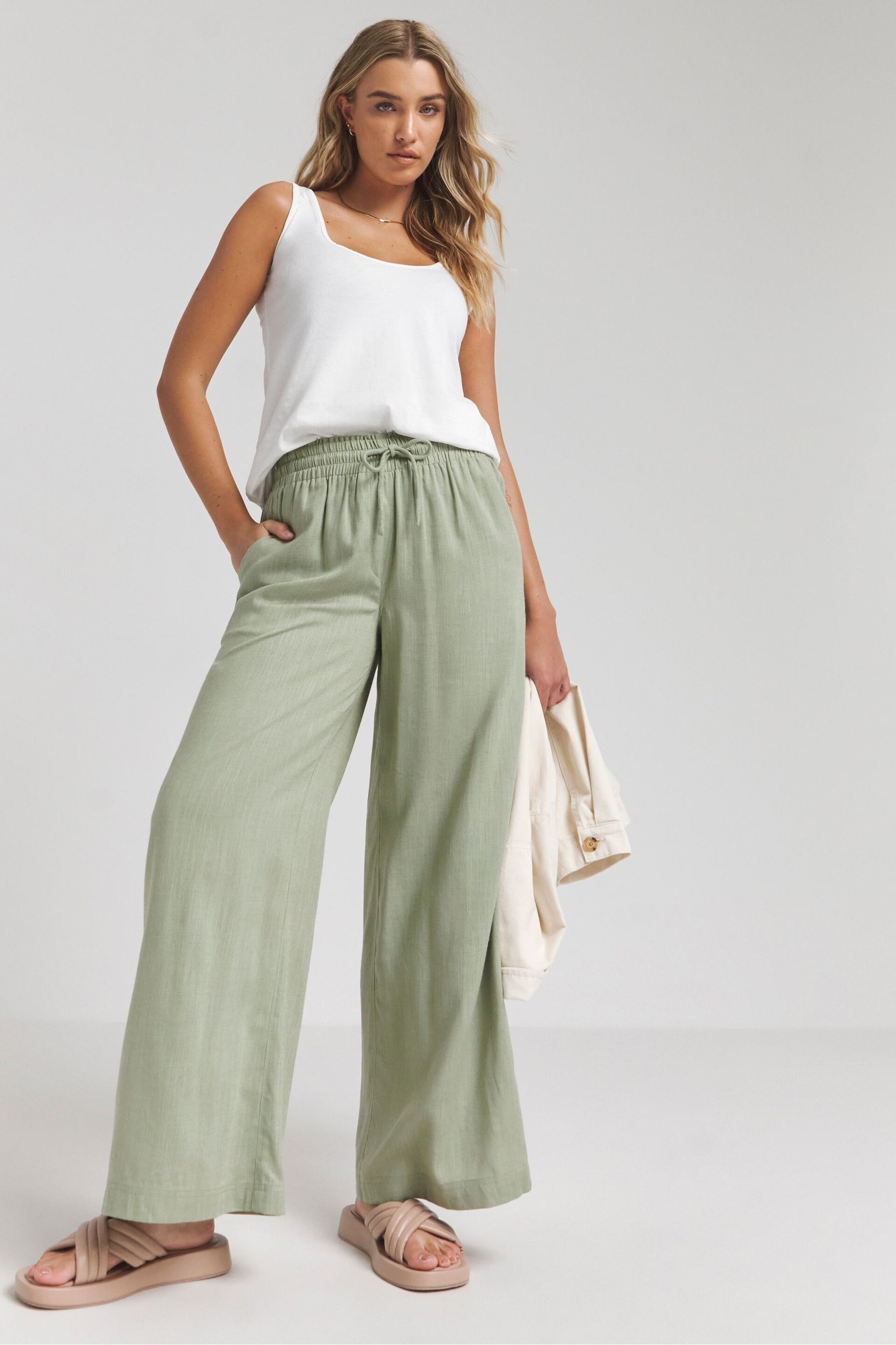 Simply Be Green Tie Waist Linen Wide Leg Trousers - Image 3 of 4