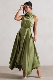 Club L London Khaki Green Kerri Satin Cowl-Neck Maxi Dress - Image 2 of 5