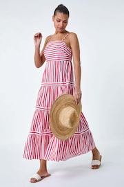 Roman Red Sleeveless Stripe Tiered 100% Cotton Maxi Dress - Image 1 of 5