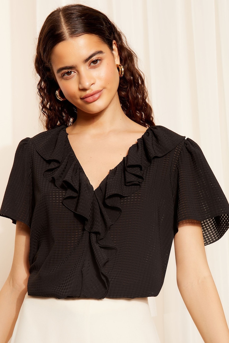 Friends Like These Seersucker Black Ruffle Front Puff Sleeve Blouse - Image 1 of 4