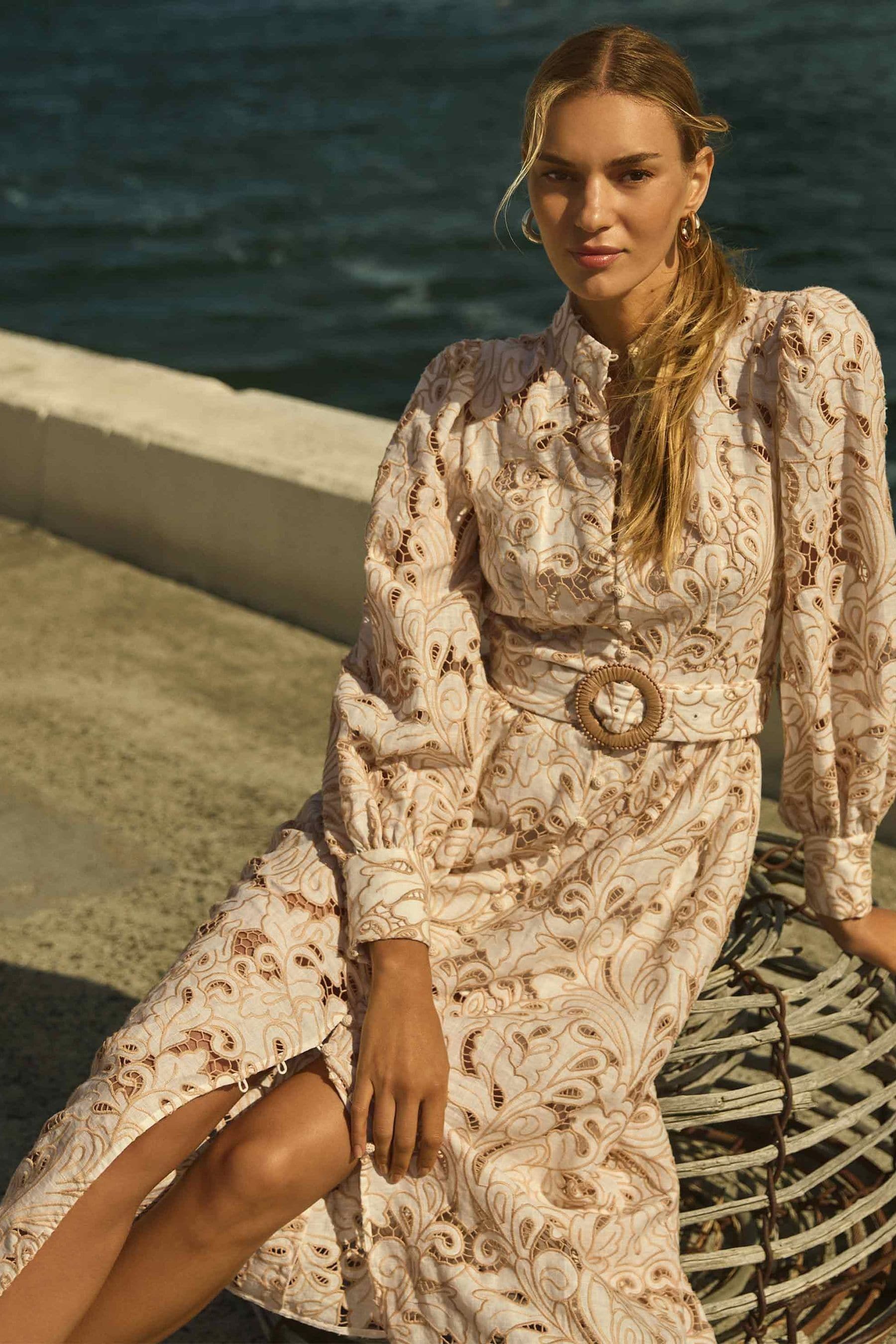 Buy Forever New Brown Pure Linen Fifi Broderie Long Sleeves Midi Dress from the Next UK online shop
